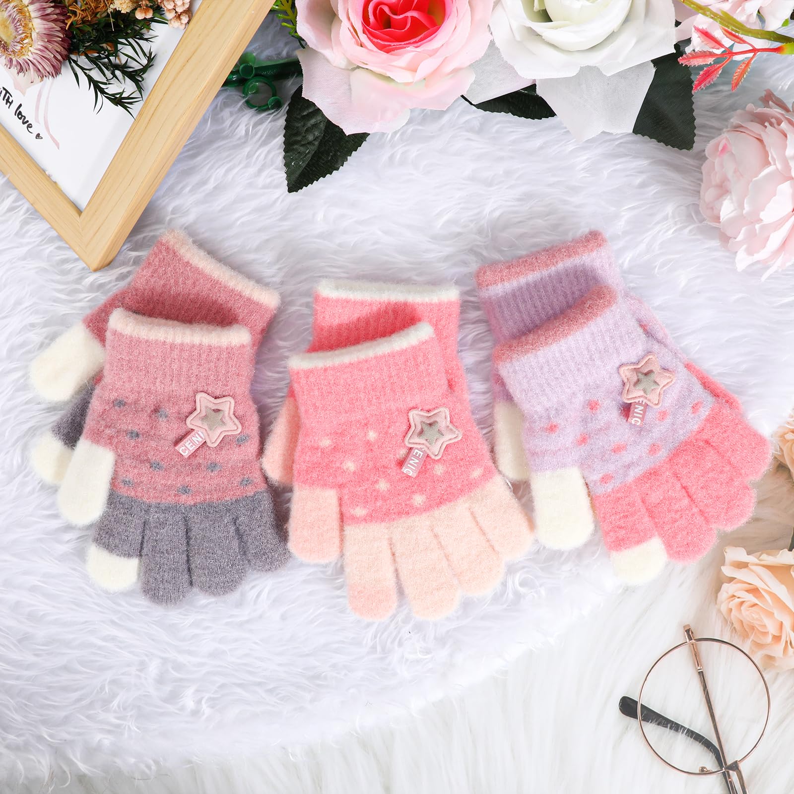 QKURT 3 pares Guantes mágicos para niños, guantes calientes para niños pequeños Guantes de dedo completo de buen estiramiento para niños con un nuevo patrón de estrellas durante 1-5 años Niñas Niños