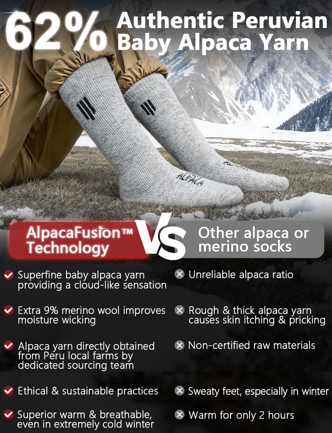 Alpaca Wool Boot Socks Men and Women, Heavyweight Thick Thermal Socks Cold Weather Hunting Hiking, Moisture Wicking - Image 3