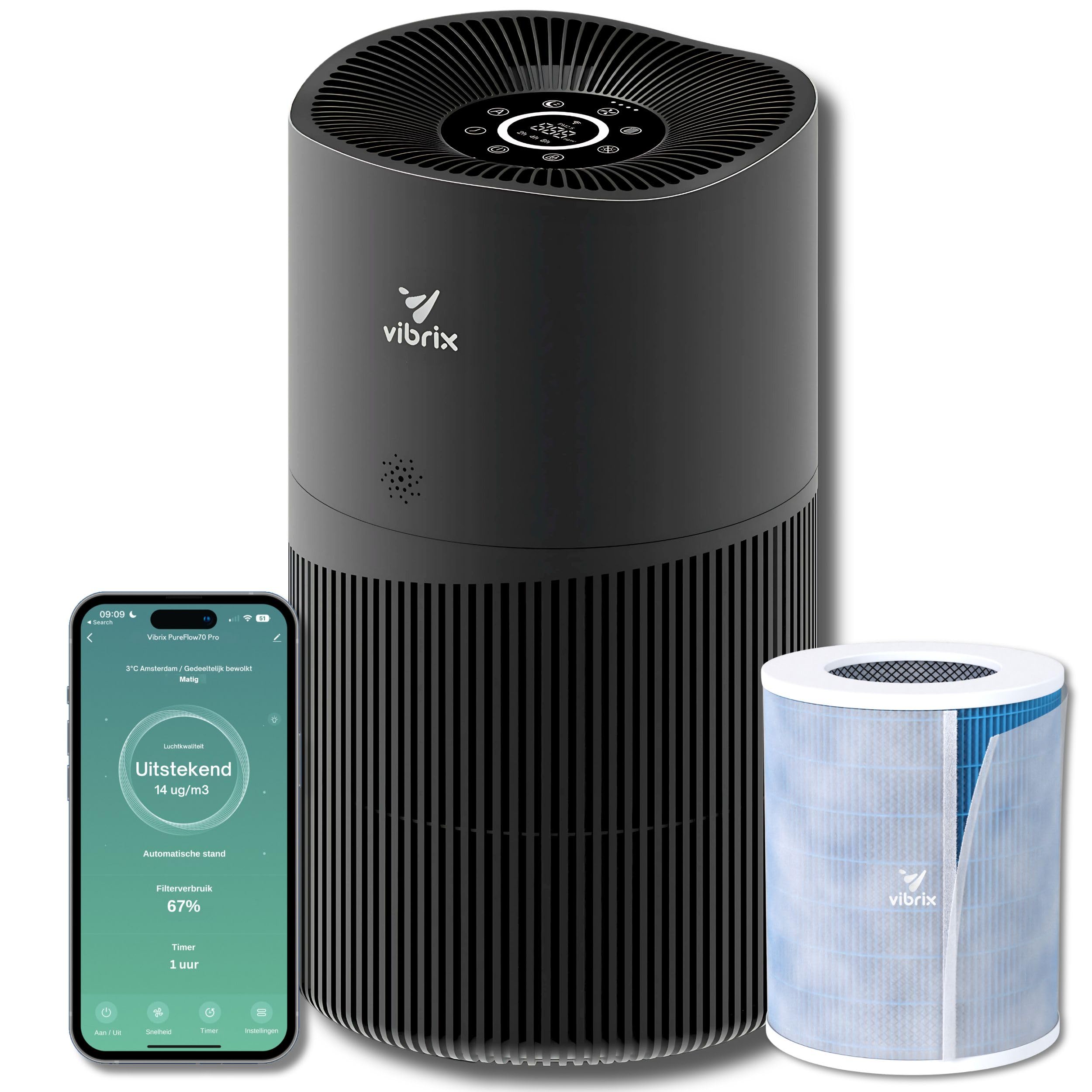 PureFlow 70 Pro oczyszczacz powietrza HEPA H14, filtr i jonizator, CADR 468 m³/h | 6 w 1, usuwa 99,999% kurzu, alergenów i pyłków, do dużych pomieszczeń do 150 m², wspomaganie aplikacji, jonizator bez ozonu
