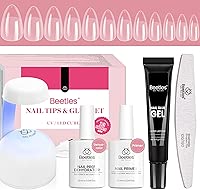 Beetles Gel Nail Kit Short Almond with Nail Dehydrator and Primer, 576Pcs Half Matte Etch-X Gel Nail Tips Solid Nail Glue Mini Nail Lamp Acrylic Nail Tips Easy DIY Nail Extension Set Gift for Women