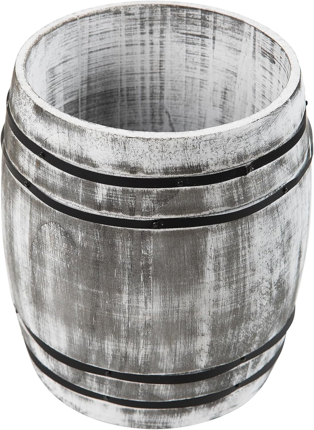 Rustic Dark Stone Gray Wood Utensil Crock Wine Barrel Kitchen Organization Countertop Holder Black Metal Cooking Tools Culinary Gadgets Compact Storage Vintage Wooden Organizer Home Restaurant