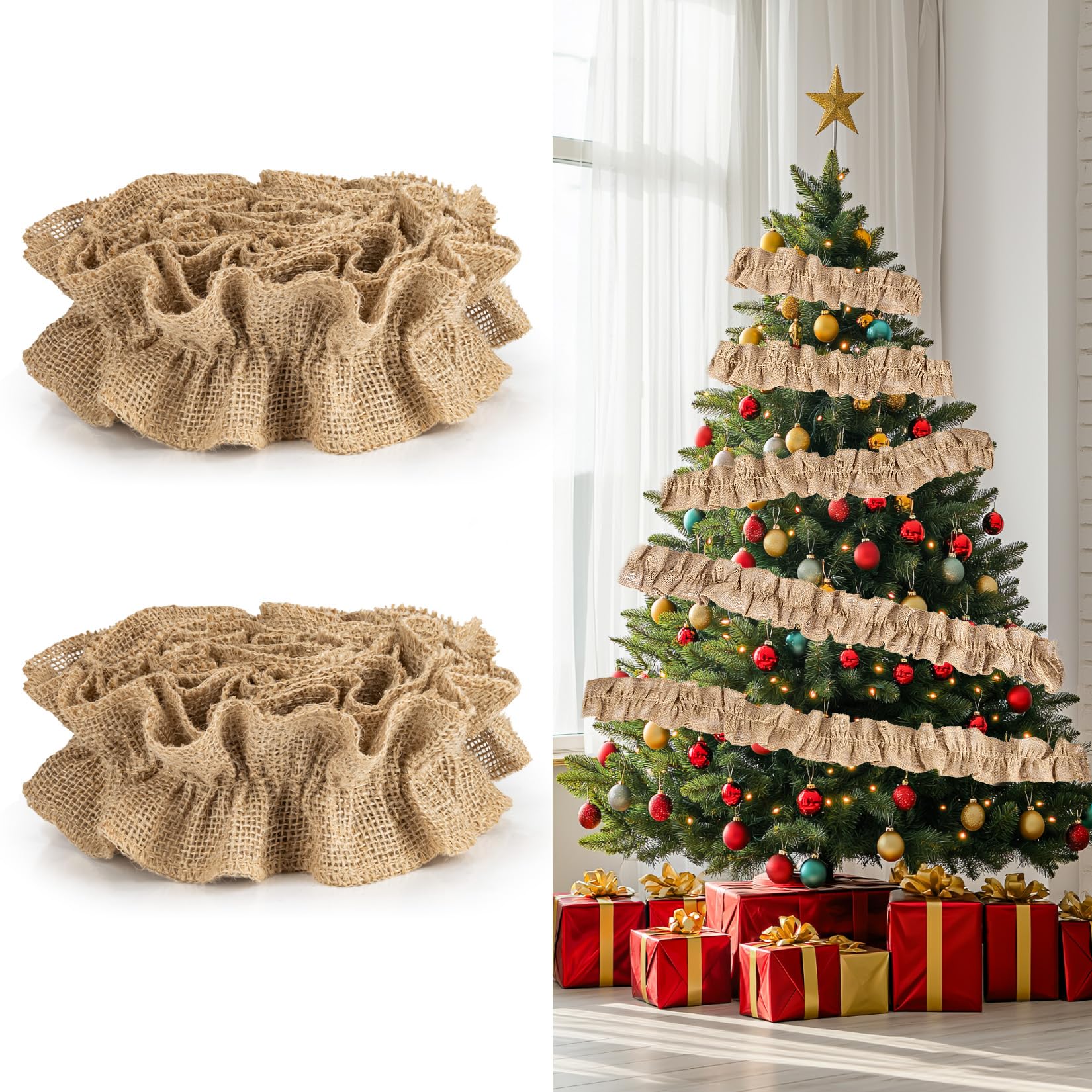 RAINFLOW Burlap Ribbon Garland - 2 PCS Christmas Decorations for Christmas Tree 18 ft Ribbons for Vintage Home Decor,Crafts,Stairs Jute Burlap Fabric