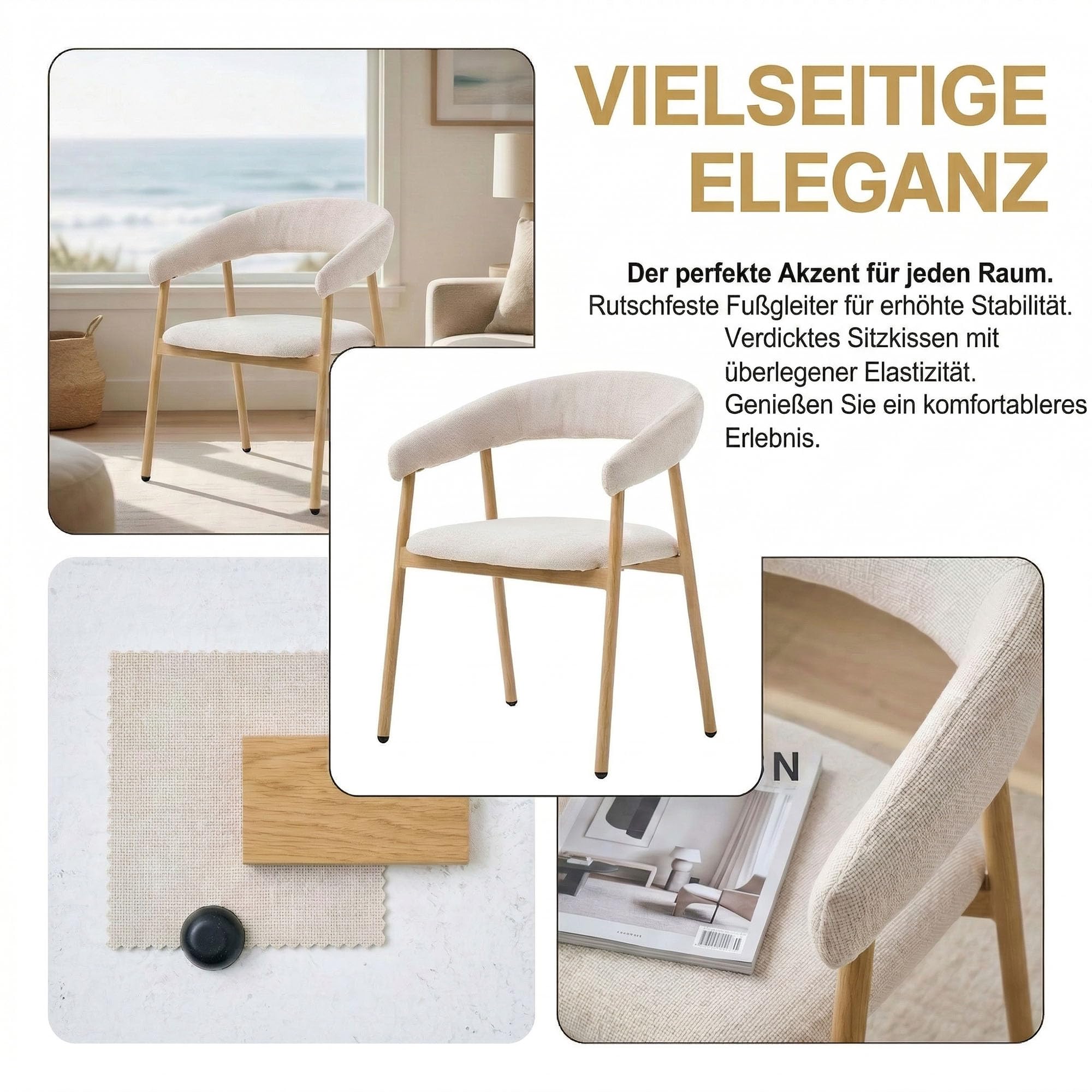Modern Dining Chairs Set of 4 Ergonomic Chenille Upholstered with Armrest and Curved Back Kitchen Chair Metal Legs with Wood Grain Beige (2, Beige-oak color)