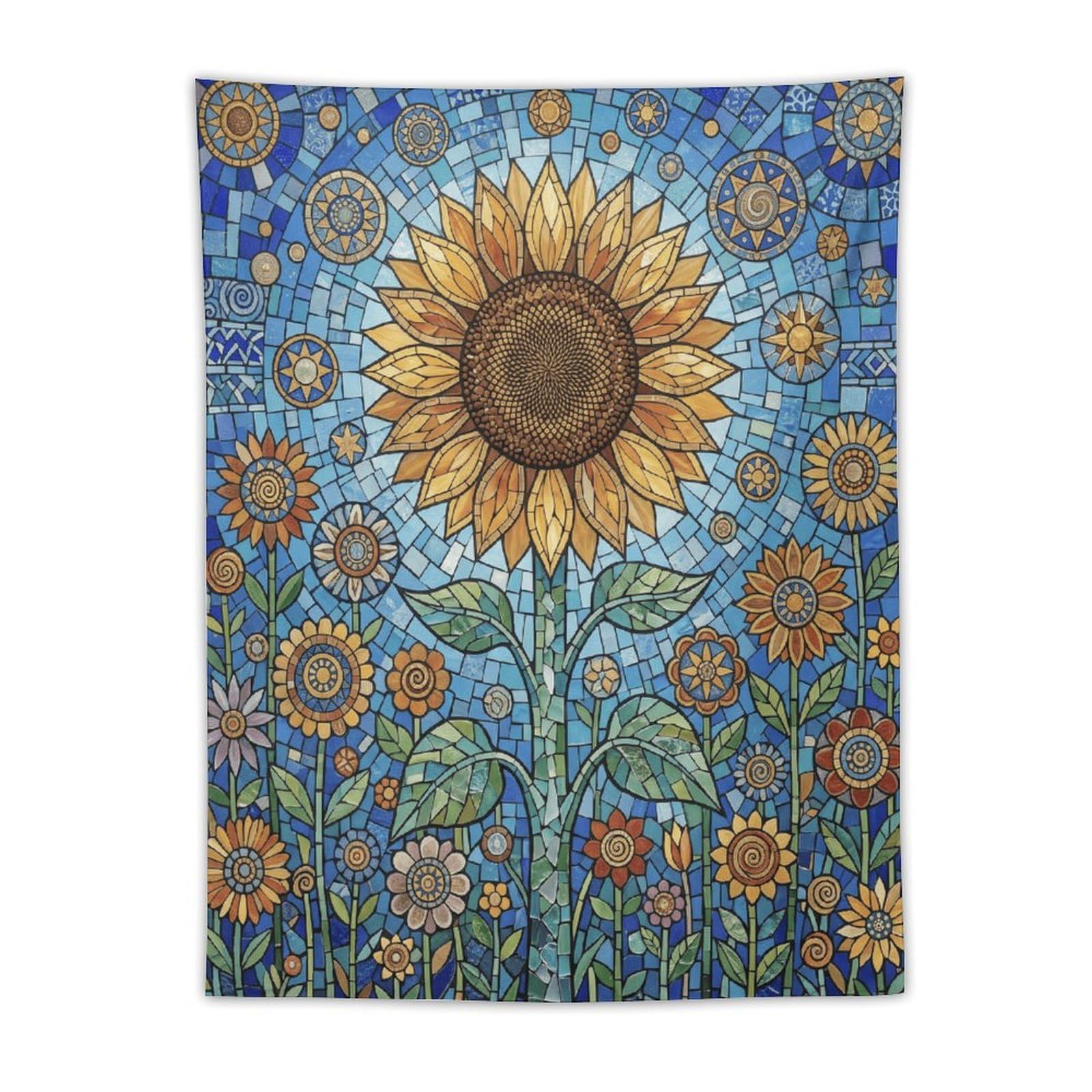 H3B8U2Y5 Blue Mosaic Sunflower Wall Tapestry, Byzantine Art, Bedroom