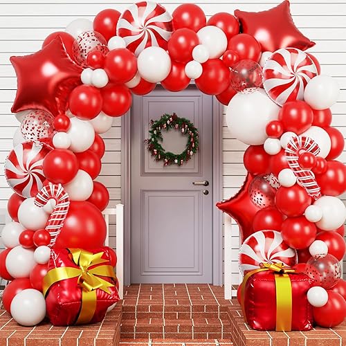 RUBFAC Christmas Balloons Garland Arch Kit - 113pcs Red White Confetti Balloons with Candy Aluminum Foil Balloons for Christmas Party Decorations Holiday Theme Baby Shower Birthday Supplies