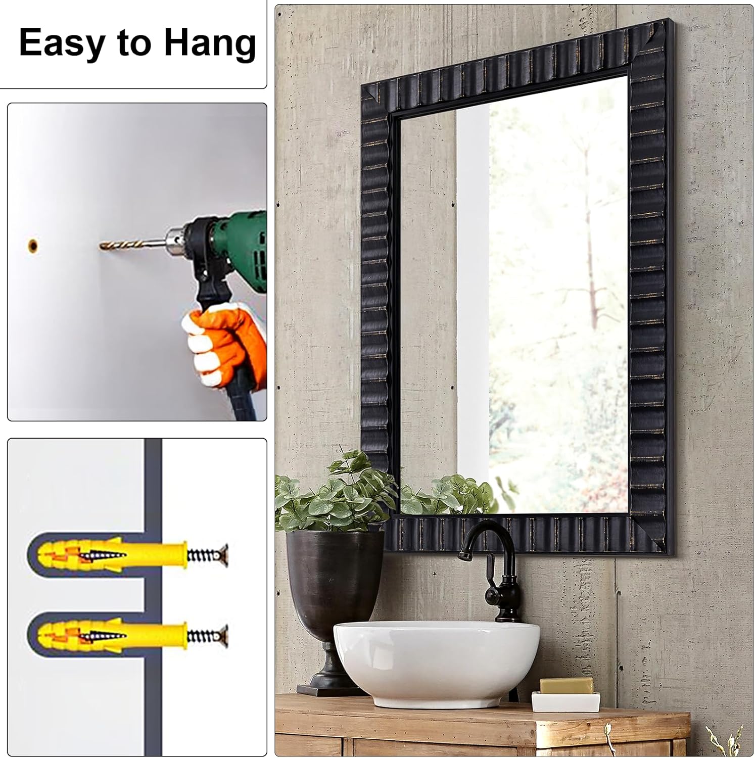 Wooden Large Living Room Mirror, 48"x32" Vintage Black Bathroom Mirror, Rectangular Relief Frame, Farmhouse Modern Style Decor for Entryway/Dining Room/Bedroom