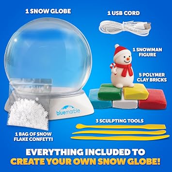 Blue Marble Light-Up Christmas Snow Globe for Kids Kit Create a Holiday Scene with Clay, Snowflake Confetti & Snowman Figure, Plastic Snow Globe Kit, Christmas Crafts for Kids, Stocking Stuffers
