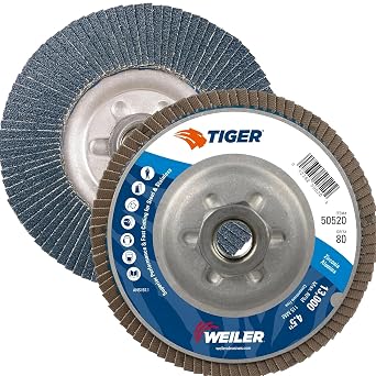 Weiler 50520 Tiger Abrasive Flap Disc, Type 29, Threaded Hole, Aluminum Backing, Zirconia Alumina, 4-1/2" Dia., 80 Grit Pack of 10