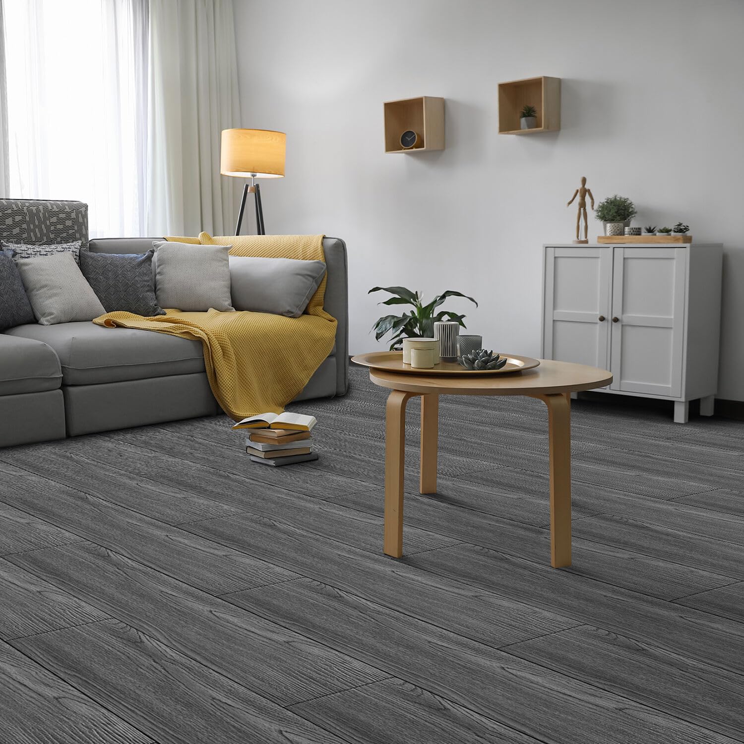 Pavimenti in PVC, autoadesivi, in vinile, 91,44 cm x 15,24 cm, spessore 2 mm, laminato in vinile, antiscivolo, per camera da letto, soggiorno, 36 piastrelle/5 ㎡, grigio scuro