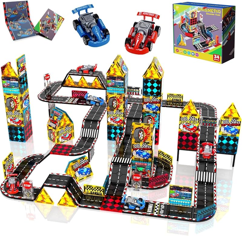 Juego de caminos de azulejos magnéticos, pista de carreras con 2 autos de carreras, carreras de autos magnéticos para niños de 3 4 5 6 7 8 años, bloques de construcción magnéticos, juguete STEM, regalos de cumpleaños para niños de 3 años y niñas