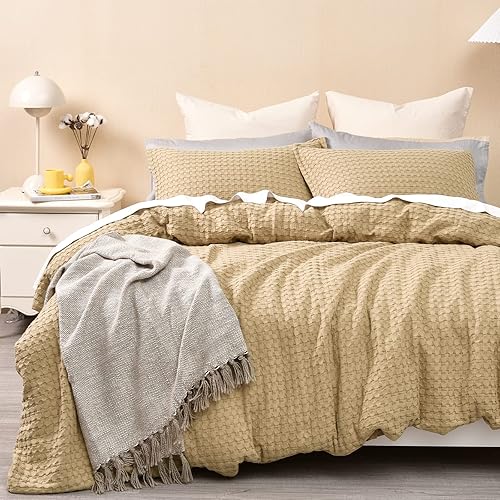 Miniatura 9 de PHF Funda de edredón 100% algodón de punto gofre, tamaño Queen, ultrasuave, agradable al tacto, acogedora para todas las estaciones, funda de