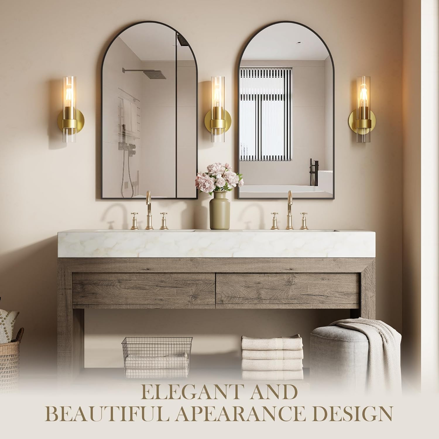 Wall Sconce Set of Two, Hardwired Bathroom Wall Sconces Lighting with Clear Glass, Modern Wall Sconces Set of 2 Wall Light fixtures for Bathroom Mirror Living Room Hallway Bedroom(Gold)