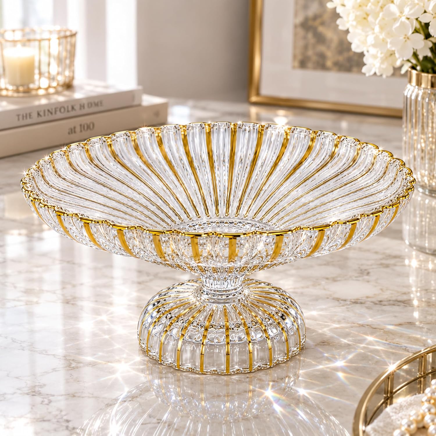 Gold Large Decorative Bowl 12'' Hand-painted Ruffle Decorative Bowl Glass Fruit Bowls Crystal Key Bowls Modern for Counter Home Decoration Table Centerpiece Kitchen Dining Room (Pedestal)