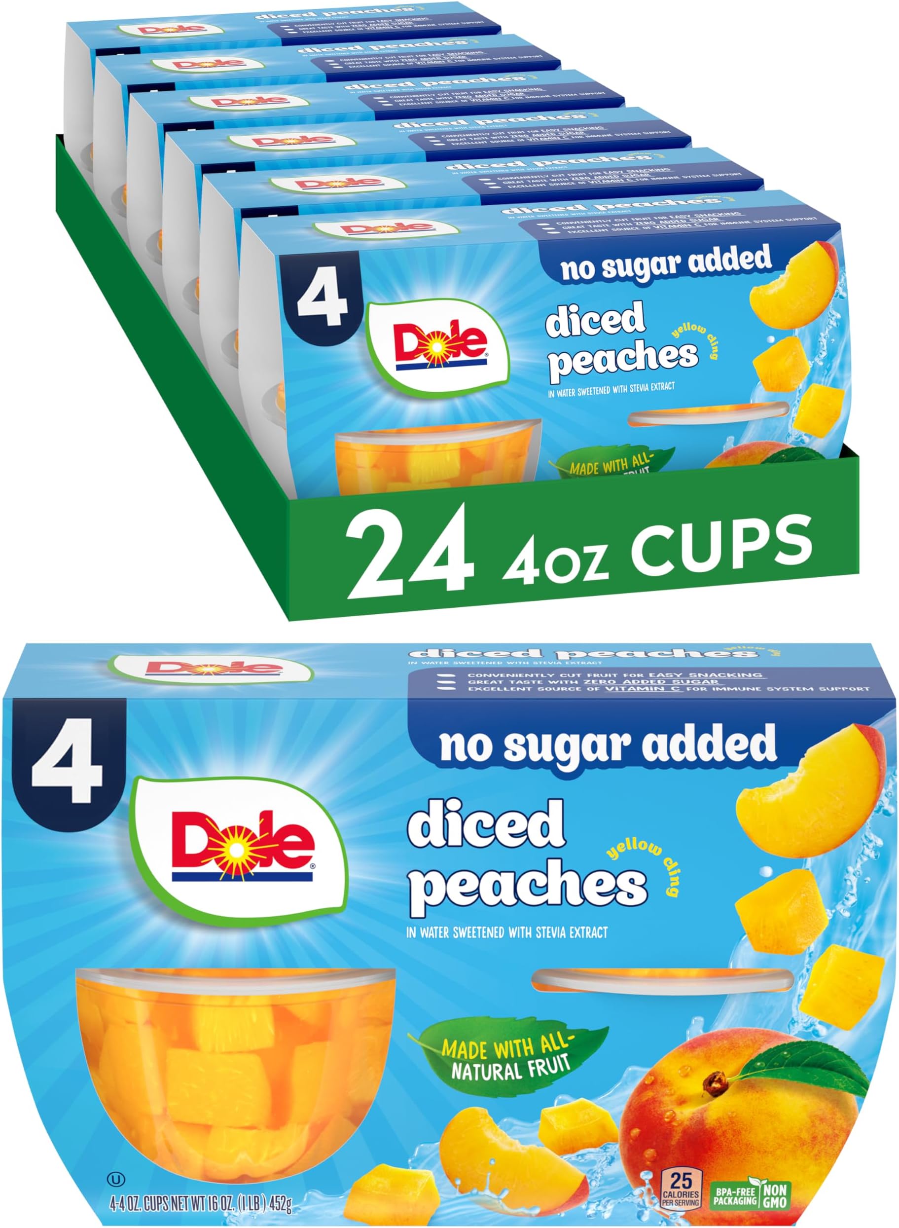 Dole Fruit Bowls No Sugar Added Snacks, Diced Peaches 4oz 24 Cups, Gluten & D...