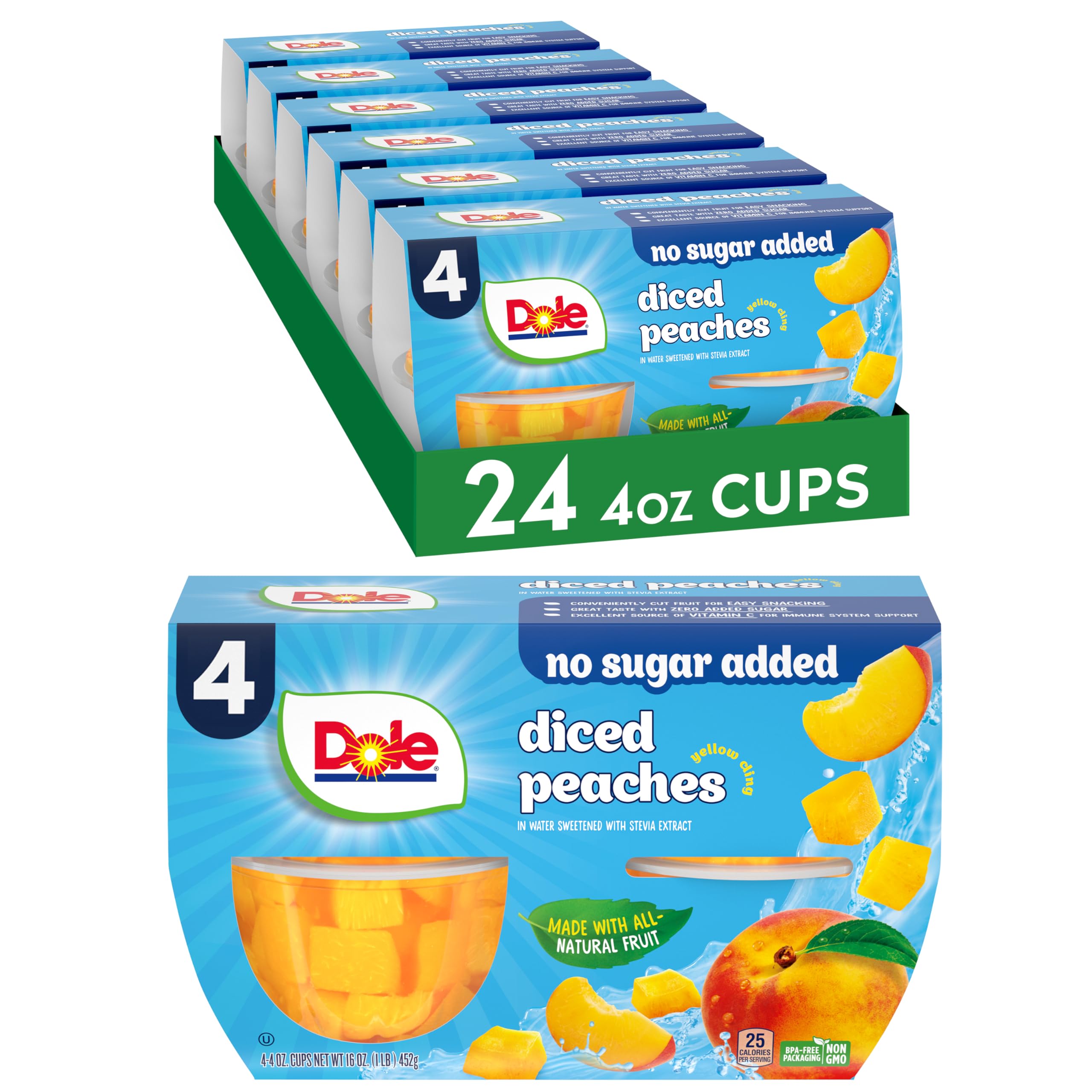 Dole Fruit Bowls No Sugar Added Snacks, Diced Peaches 4oz 24 Cups, Gluten & Dairy Free, Bulk Lunch Snacks for Kids & Adults