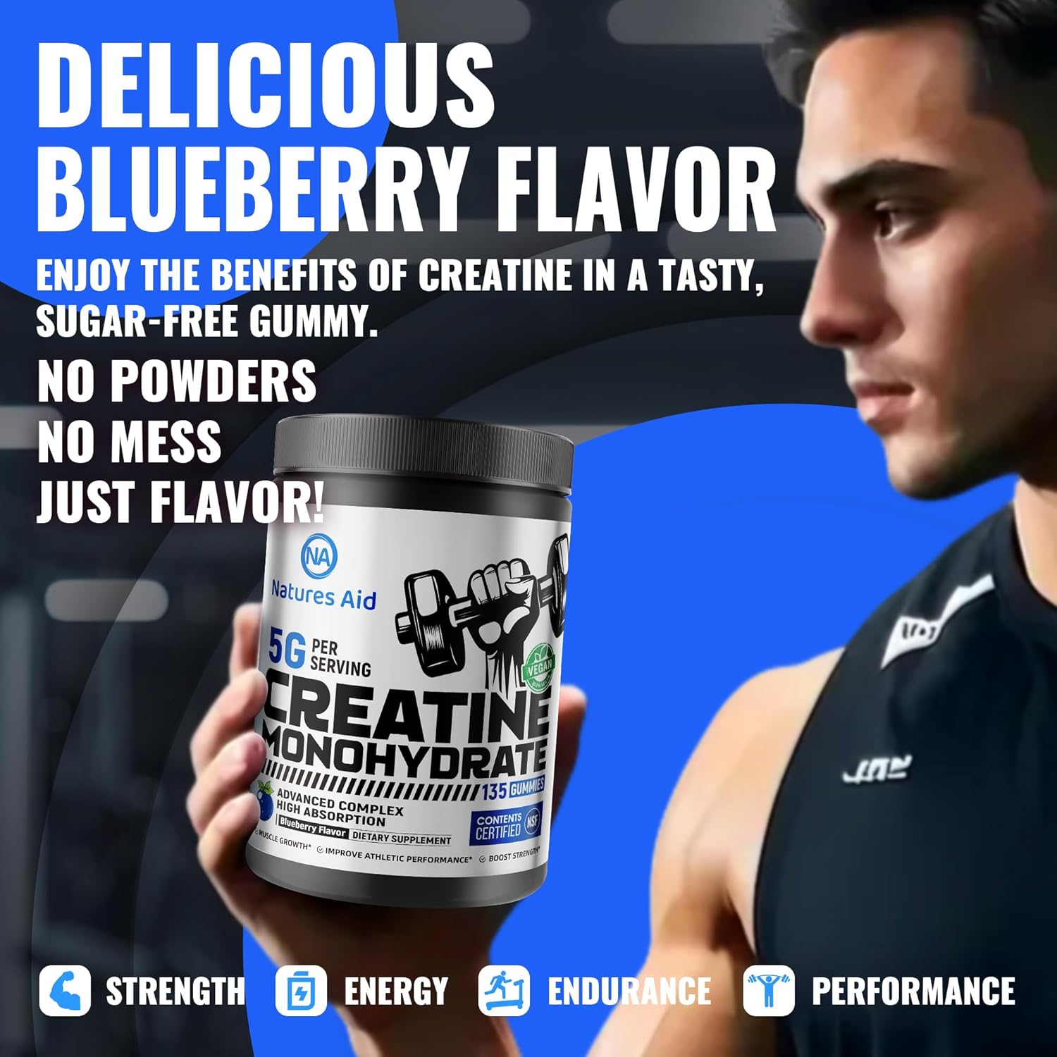 Natures Aid Creatine Monohydrate Gummies (5g) – Pre-Workout Energy & Muscle Growth Support for Men & Women | Blueberry Electrolyte Gummies (135 Count)