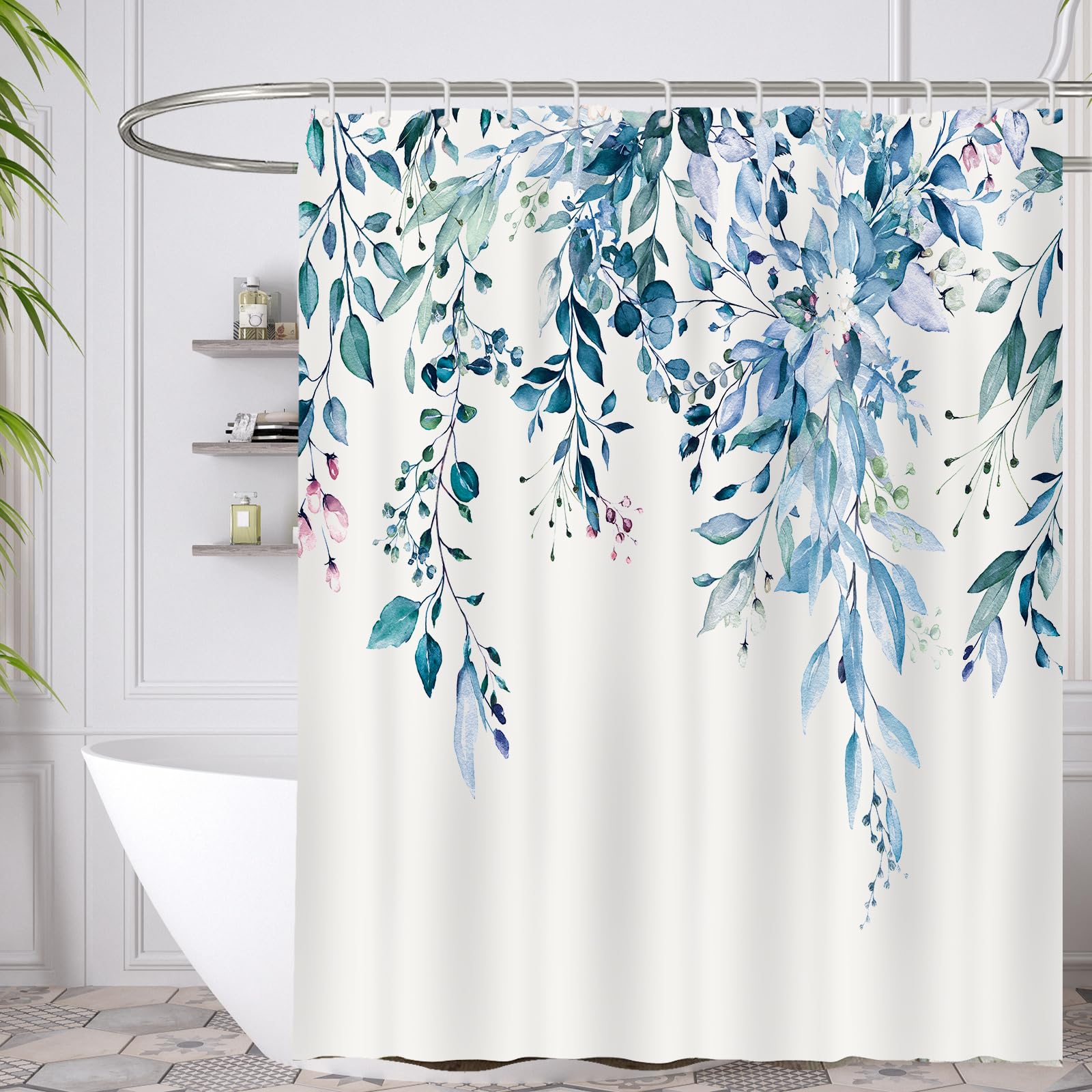 Minicoco Women's Blue Leaves Shower Curtain Green Shower Curtains Mould Proof Resistant Waterproof Shower Curtain 100% Polyester Bathroom Shower Curtains With 12 Hooks, 180 X 180 Cm (Blue Leaves)