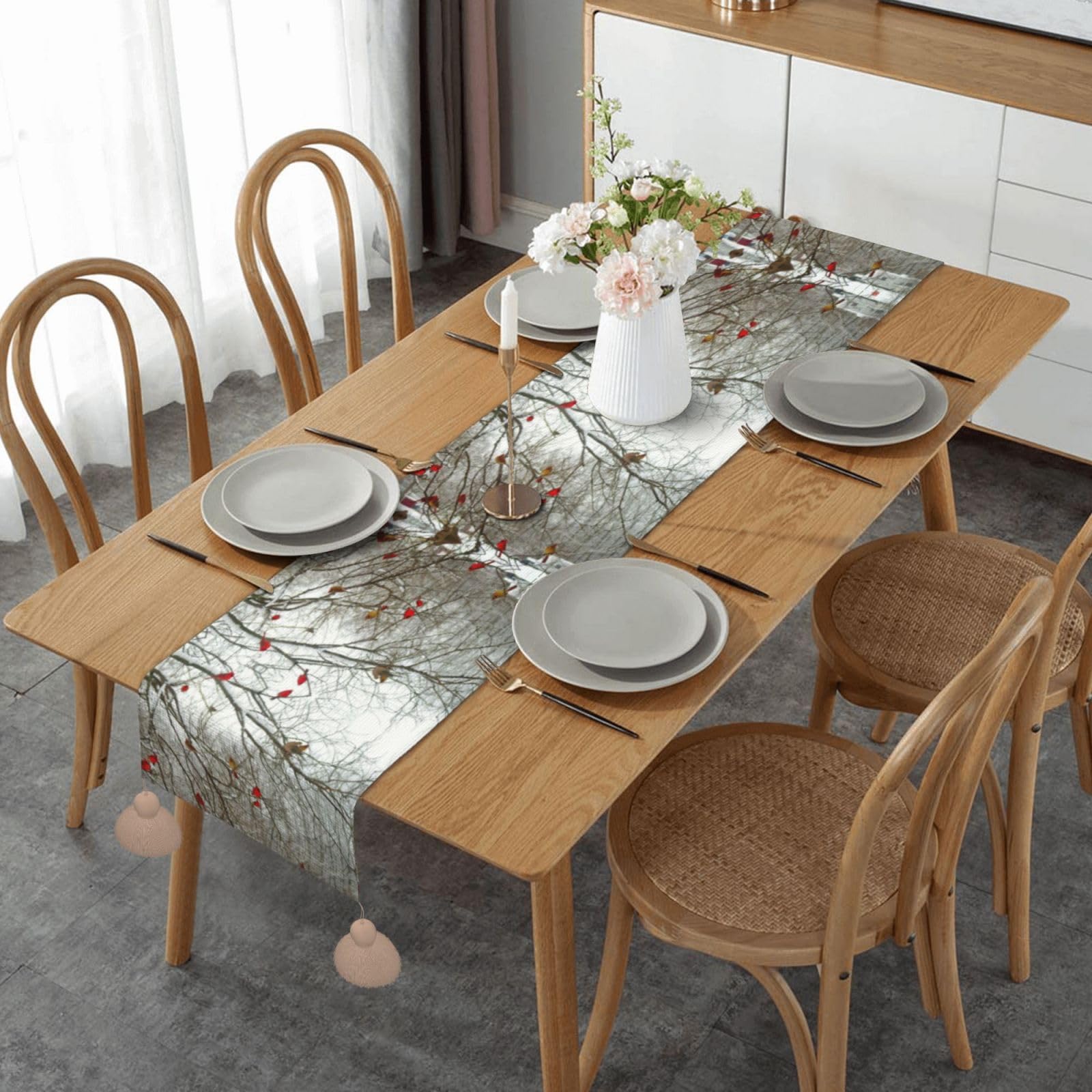Chemin de table décoratif cuisine et Noël long motif bouleau style campagnard