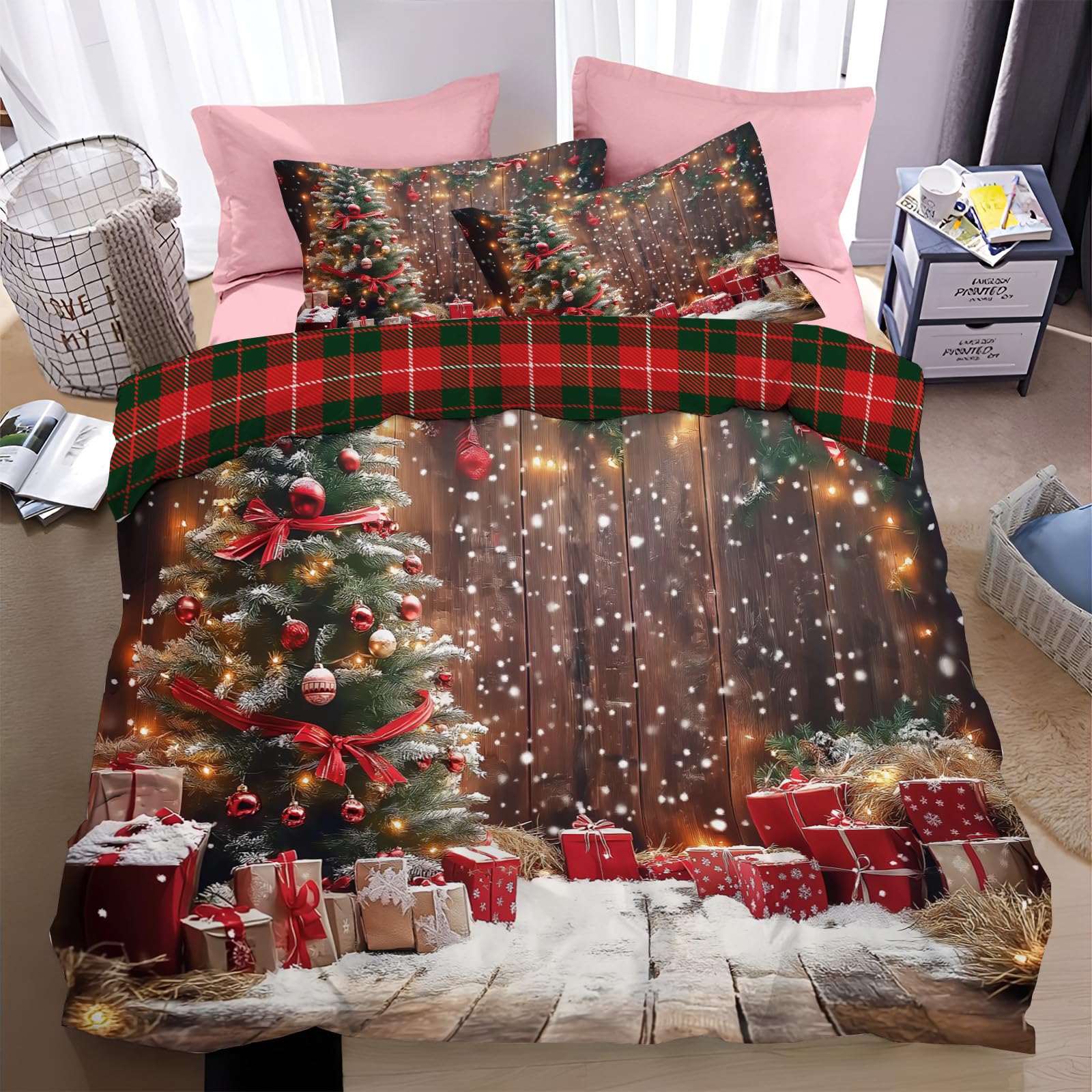 Funda nórdica Navidad king con árbol navideño y diseño reversible rojo negro de 230 cm
