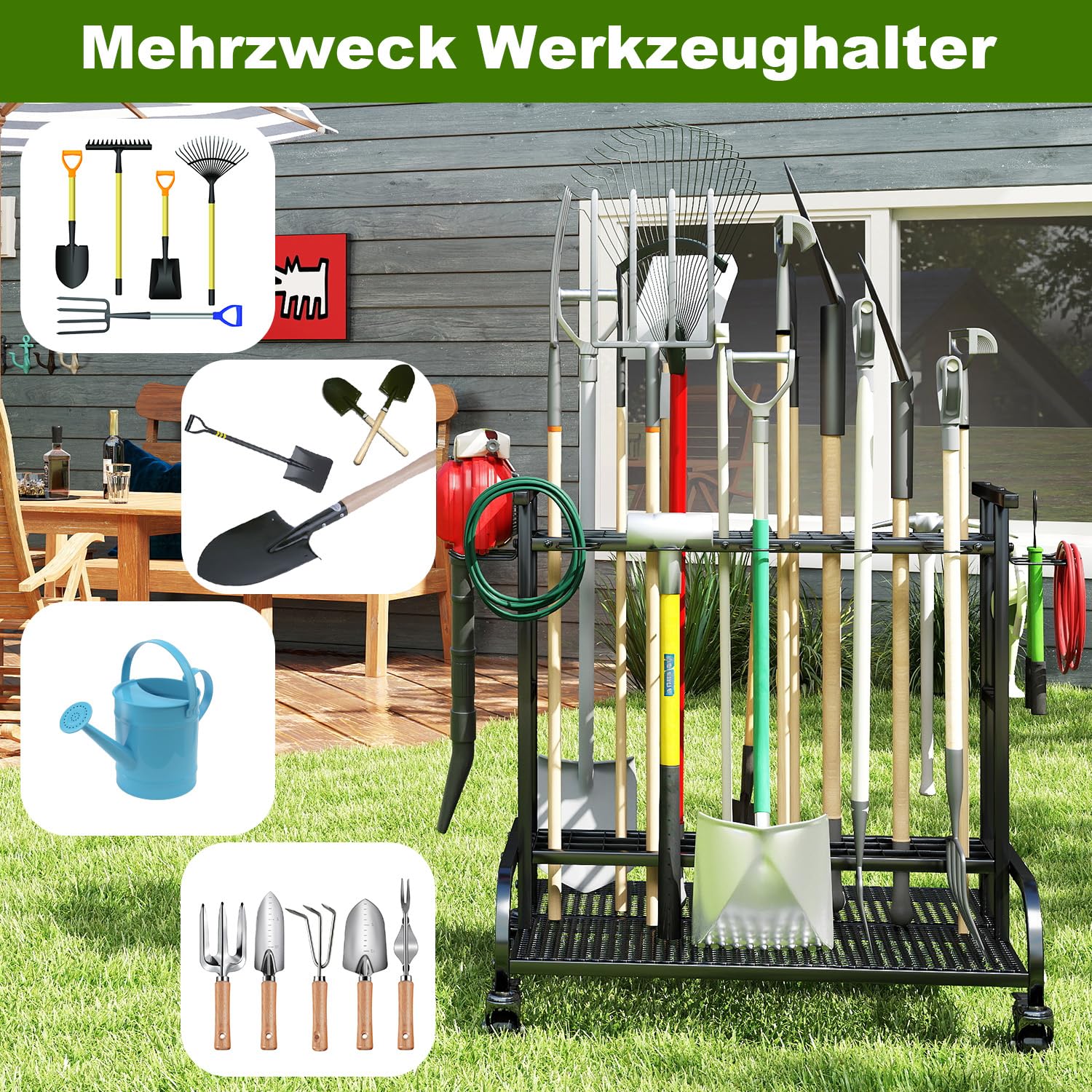 Gartengeräte Aufbewahrungsregal Gartengerätehalter Metall Gartengeräteständer mit Rollen Haken, bis zu 60 Werkzeuge, Mehrzweck Gerätehalter Organizer für Garage, Gärten, Hof, Schuppen