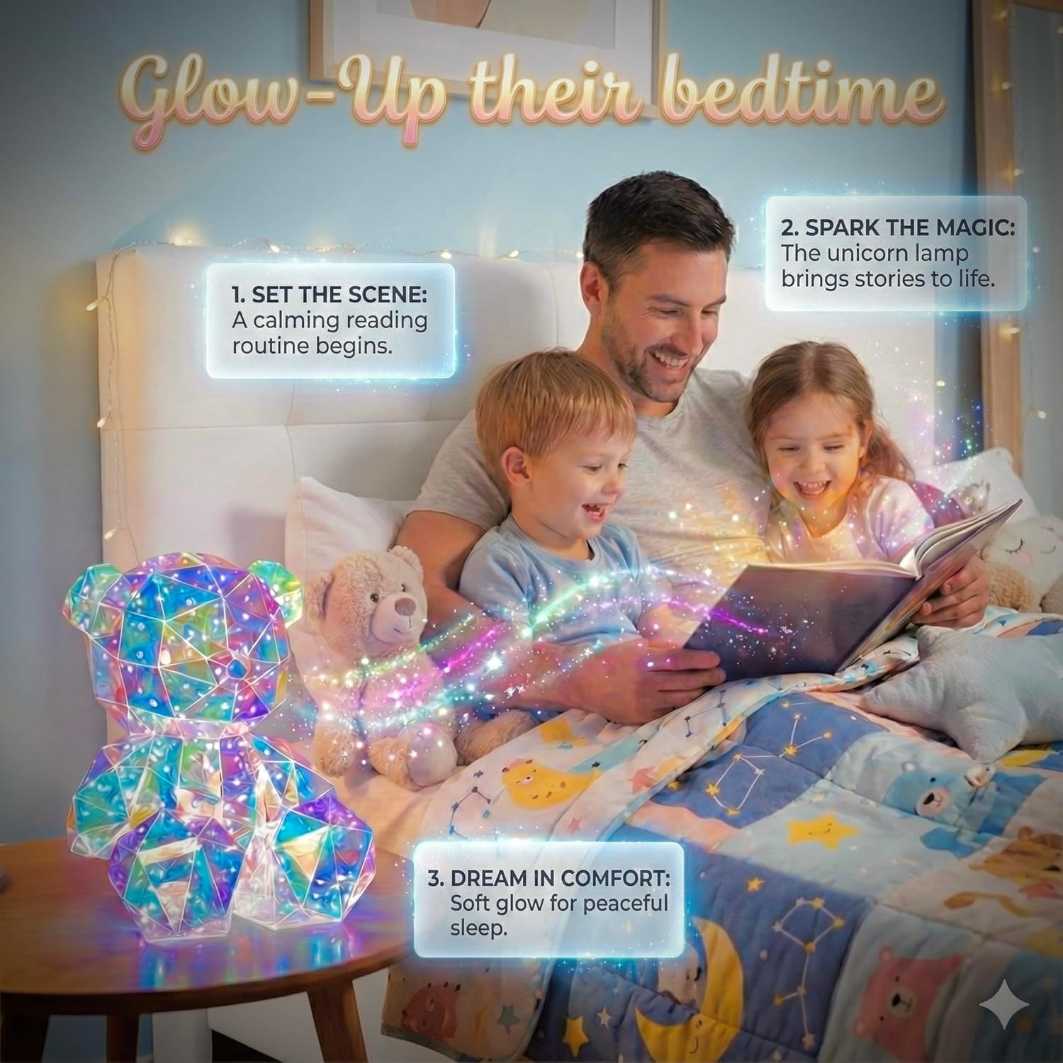 LED Night Light, Holographic Iridescent Diamond Design, Ready to Gift, Lamp Present, Nursery, Decor (Teddy Bear, Small)