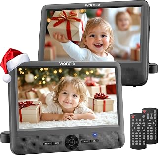 WONNIE 10 Inch Dual Screen Car DVD Players for Headrest - Play Same or Different Movies, 5Hr Rechargeable Battery, All Regions, USB/SD, Sync TV Mounts