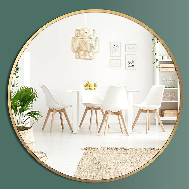 Barnyard Designs 76cm Large Round Gold Metal Wall Hanging Mirror, Decorative Vintage Circle Mirror, Rustic Wall Decoration for Bathroom, Vanity or Home Decor