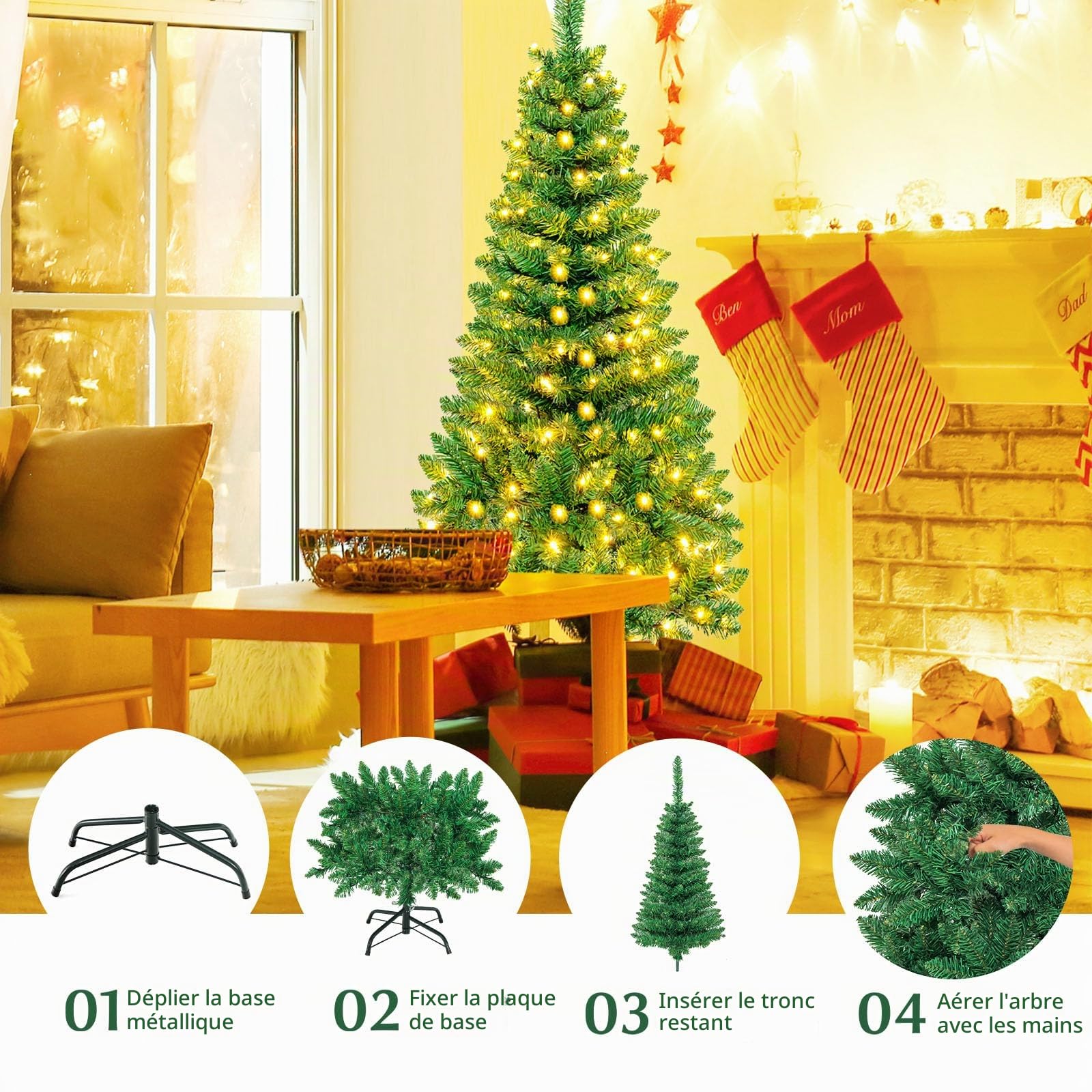 LIFEZEAL Sapin de Noël Artificiel avec Lumières LED Blanc Chaud | Sapin de Noël à Aiguilles PVC Vert avec Système de Pliage et Support Métallique, 195 cm