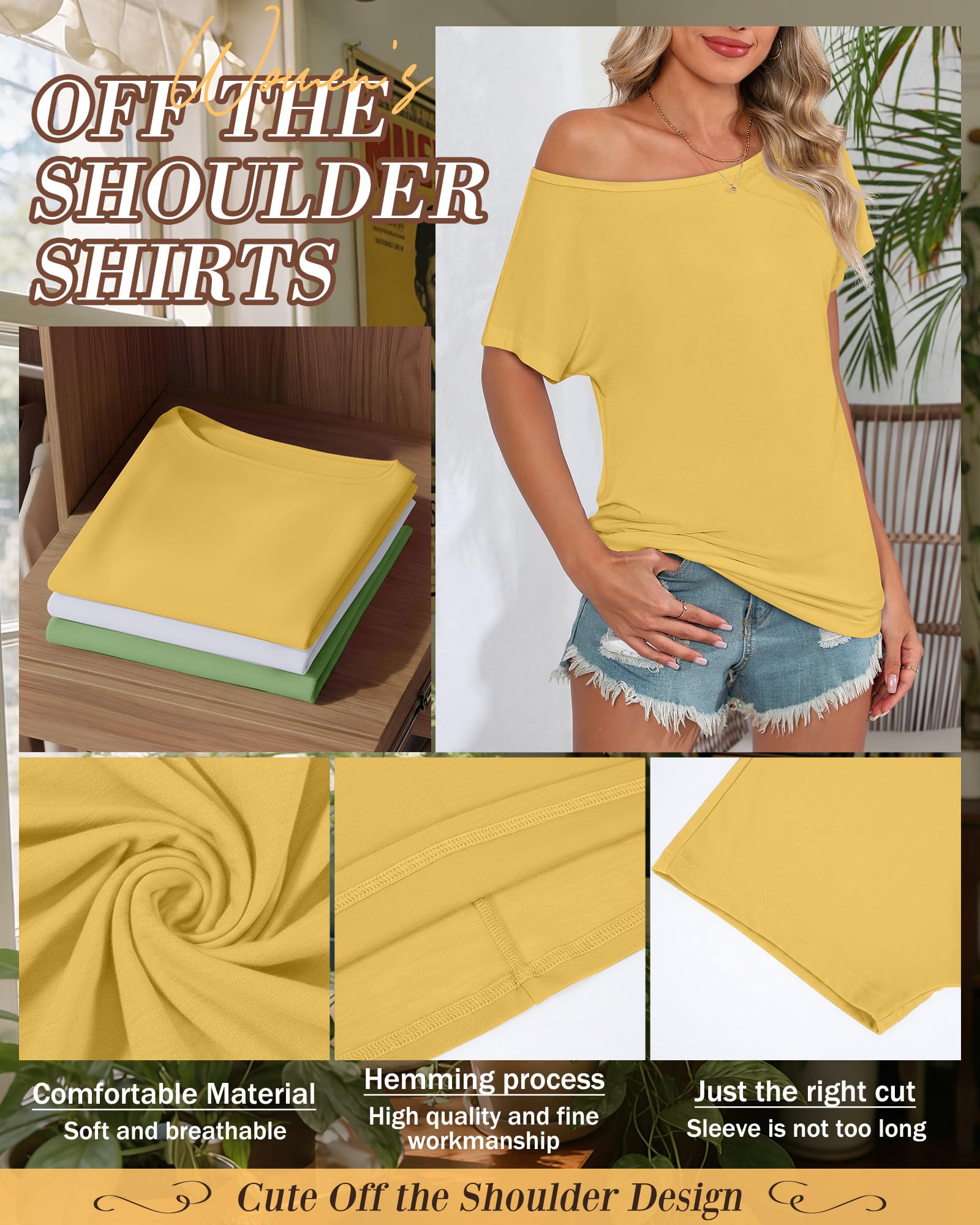 Riyiper Damen Dreiteiler-Set: Schulterfreies Top, locker sitzendes Kurzarm-Sommer-T-Shirt und figurbetontes Sporttop