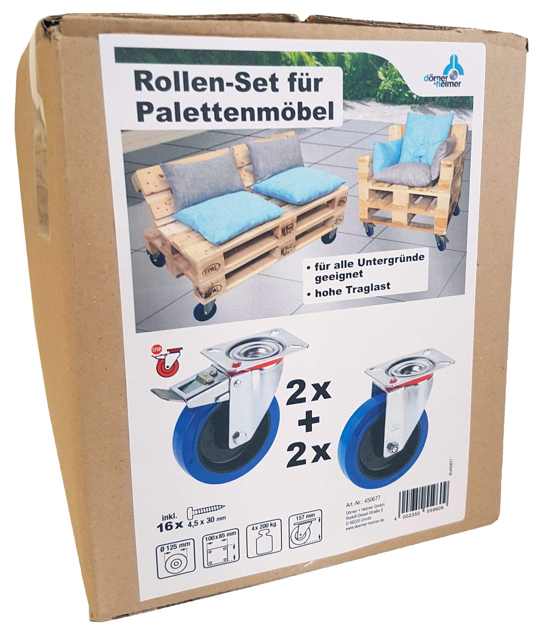 Dörner + Helmer Rollen Set Für Palettenmöbel (je 2x Lenkrolle + Lenkrolle Mit Totalfeststeller) - 125x36mm, Tragkraft 200kg/Rolle - 450677