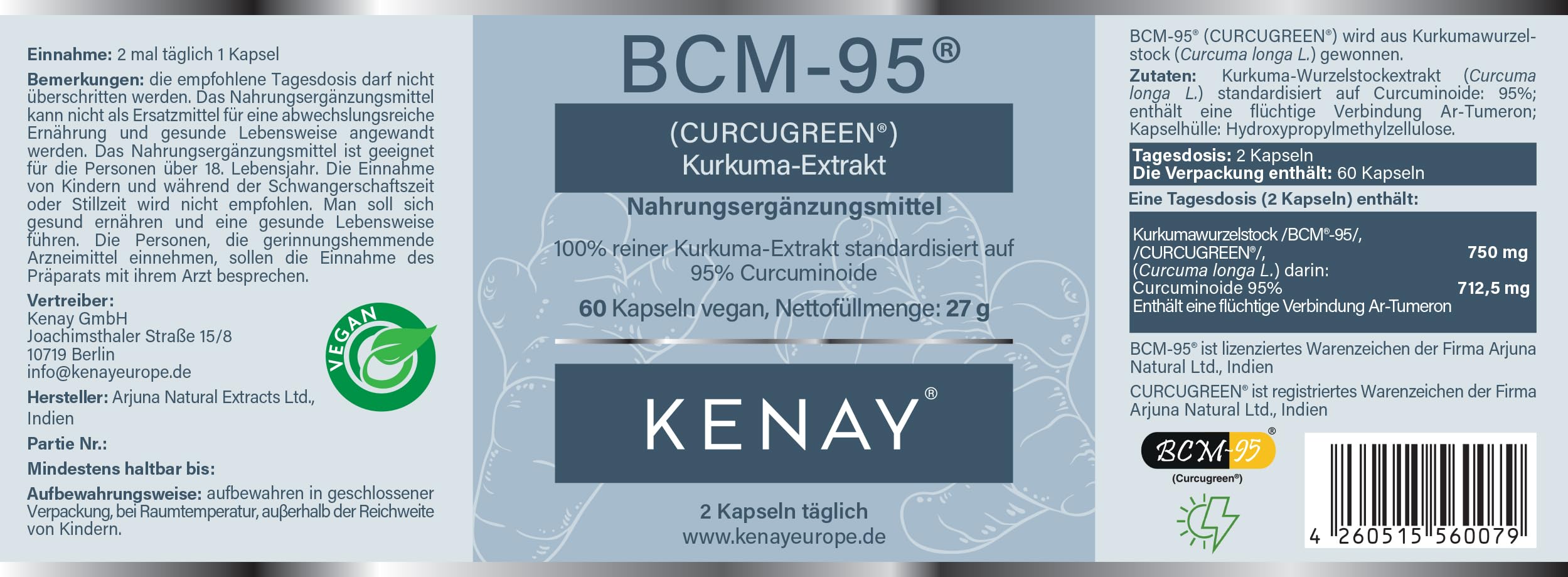 BCM-95® (Curcugreen®) Kurkuma-Extrakt - 750mg pro Tagesdosis - pflanzliche Kapsel - Vegan - Ohne Magnesiumstearat - 60 Kapseln KENAY EUROPE