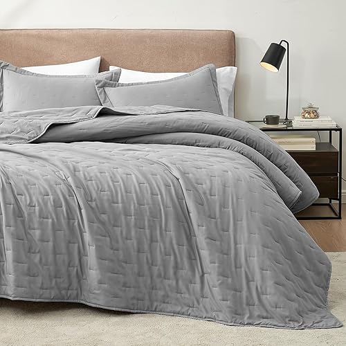 Miniatura 2 de Hansleep Juego de edredón ligero ultrasónico para decoración de cama, colcha para uso en todas las estaciones (línea gris, matrimonialqueen, 90 x 96