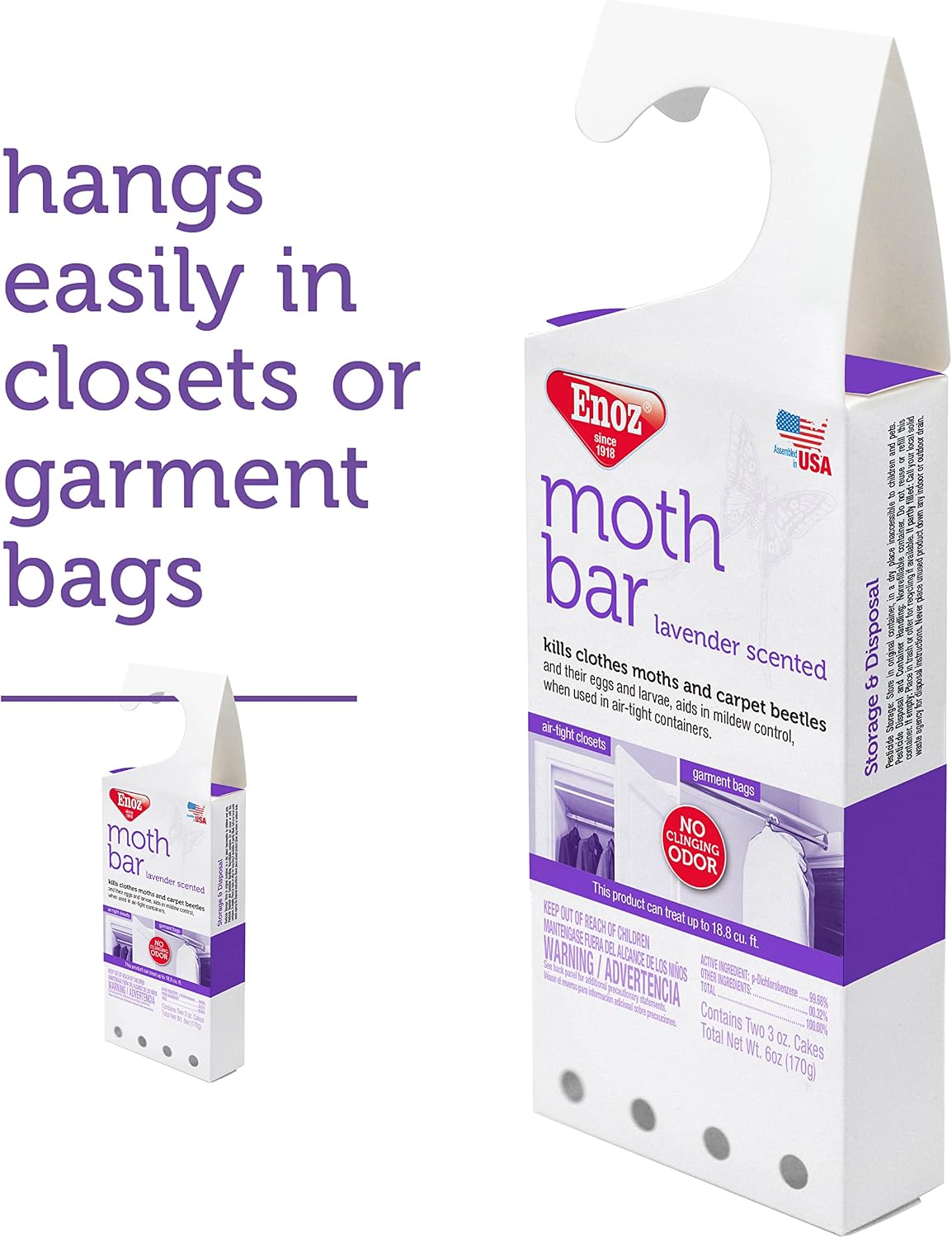 Enoz Lavender Scented Moth Bar, Kills Clothes Moths, Carpet Beetles, Eggs and Larvae, 6 oz Bar (Pack of 3)
