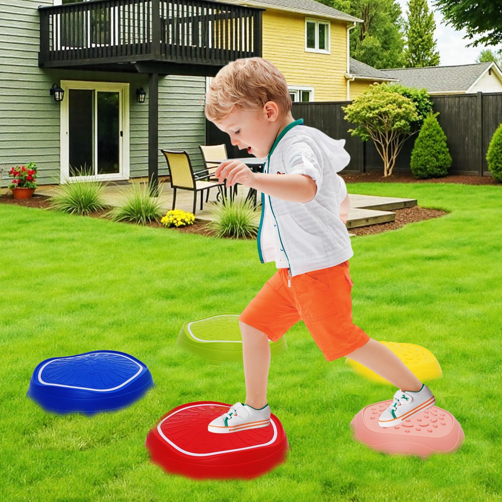 Pierres d'Équilibre Enfants 5PCS Parcours Motricité avec Musique et Lumière – Formation d'Équilibre Antidérapantes Jouets Sensoriels Int-Ext 3-8 Ans 70 kg