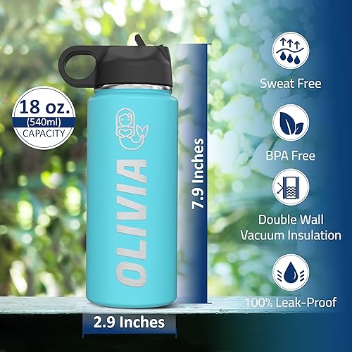 Miniatura 6 de Botella de agua de acero inoxidable aislada personalizada para niños, 18 onzas con tapa superior abatible y popote, grabado personalizado con nombre