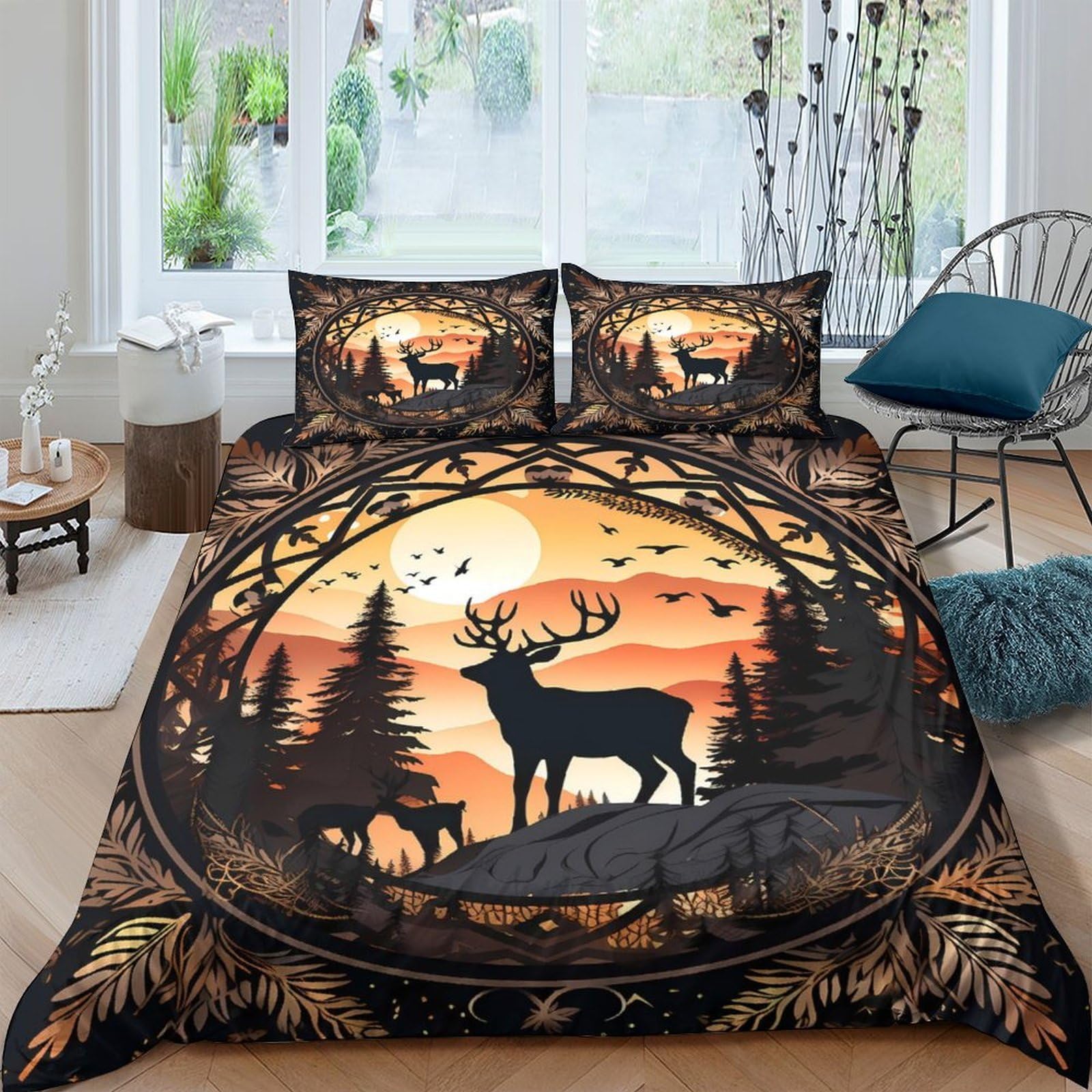 Ctjqhvkz Style-5 3D Printed Forest Sunset Fitted Sheet Microfiber Soft Breathable Deer Silhouette Bed Cover For Bedroom Guest Room Single（135X200cm）
