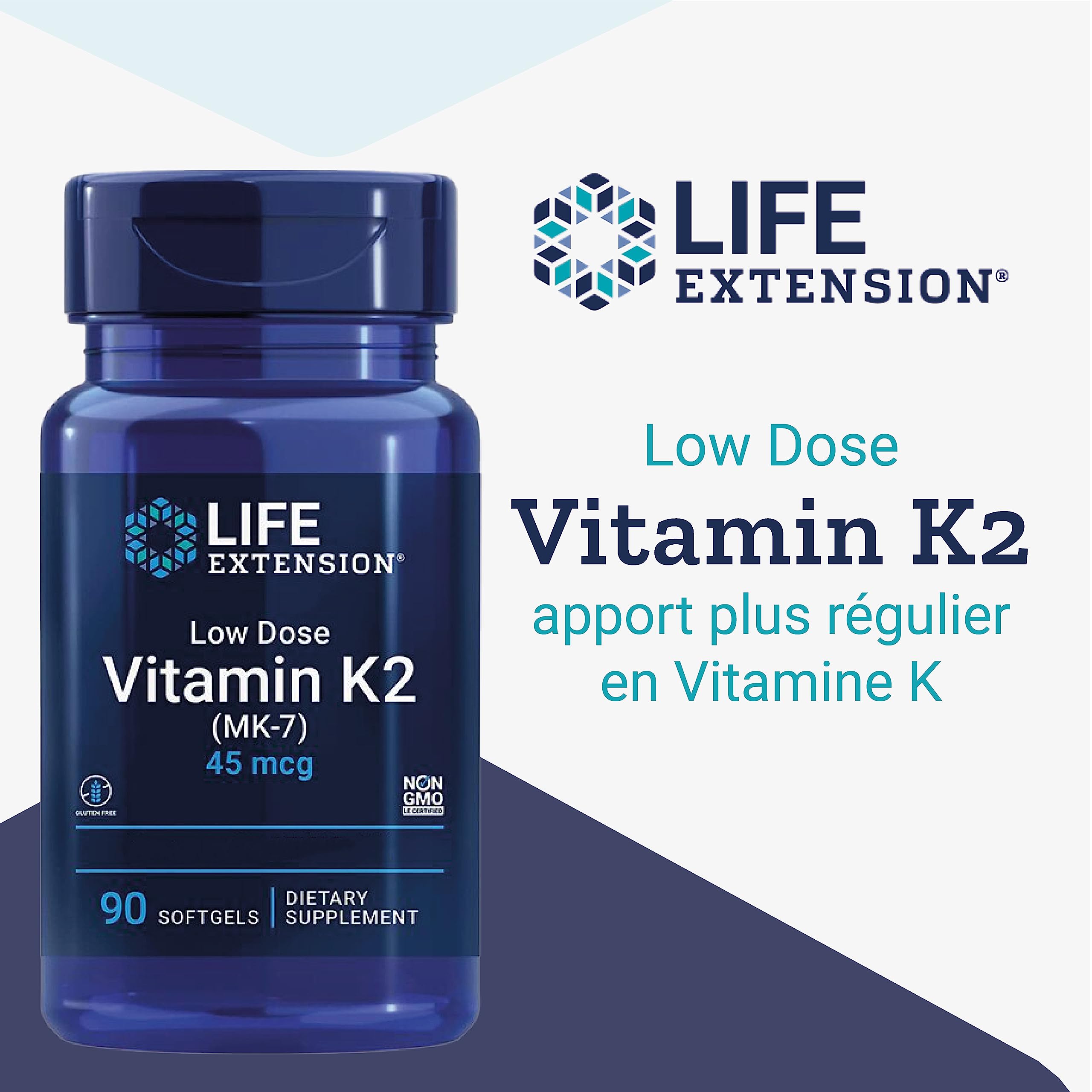 Life Extension, Low Dose Vitamine K2, avec Trans-MK-7, 45mcg, 90 Capsules molles, Sans Gluten, Sans Soja, Sans OGM