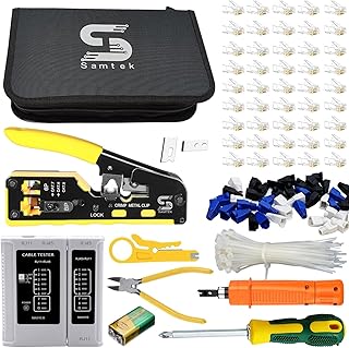 Rj45 Pass Through Cat5e Cat6 Cat8 Ethernet Crimping Tool Kit Passthrough Ethernet Network Crimper Cat7 Tool for RJ11/RJ12 6P/8P Lan Cable Tester Connectors, Boots, Cover + Cable Stripper Screwdriver