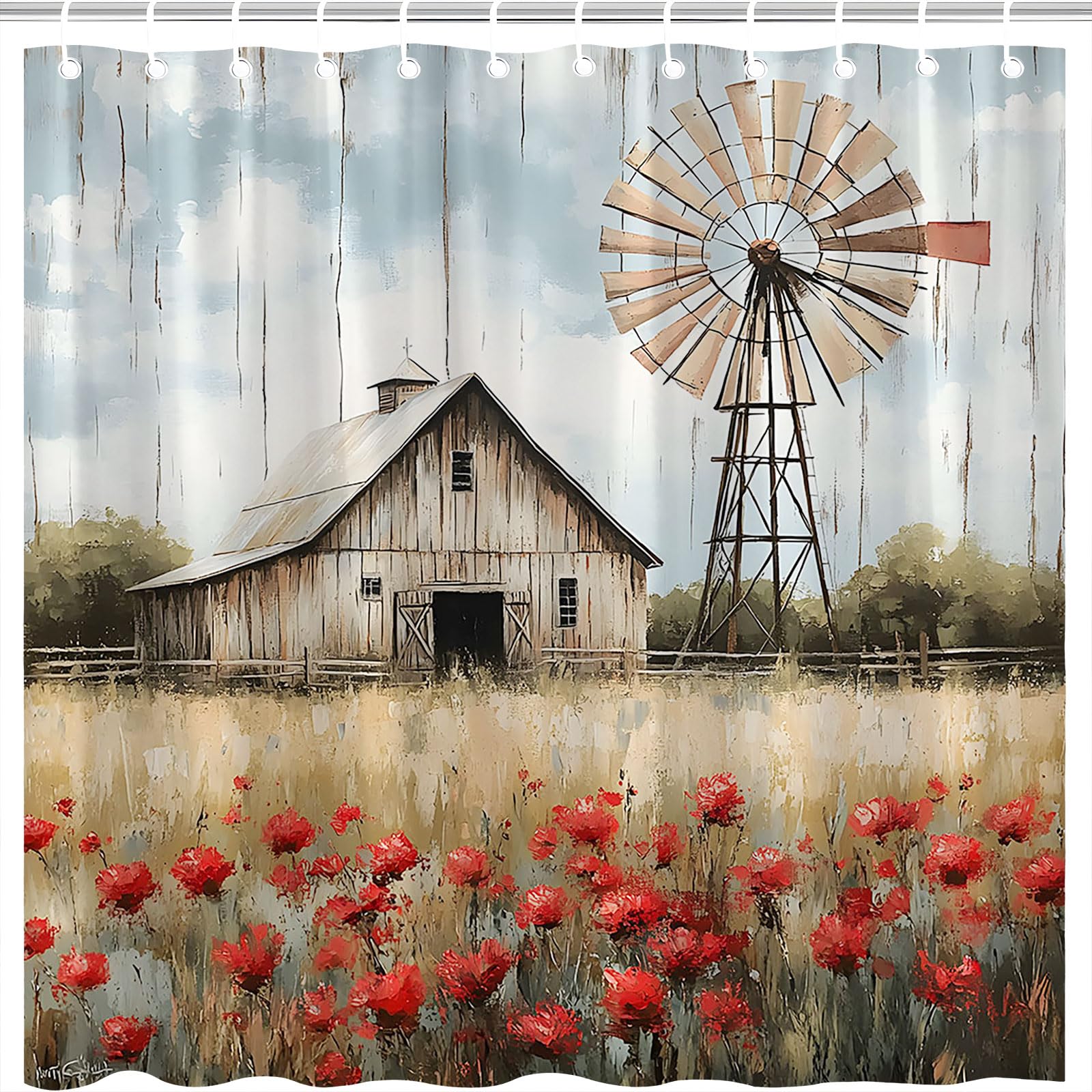 Spring Farmhouse Barn Shower Curtain Rustic Western Vintage Farm Windmill Red Flowers Wooden Plank Country Nature Landscape Oil Painting Bathroom
