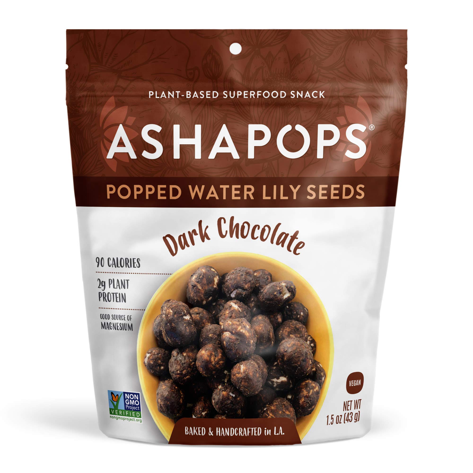 AshaPops Dark Chocolate Popped Water Lily Seeds - Gluten Free | Vegan | Paleo | Corn Free | 1.5 oz | (Pack of 6)
