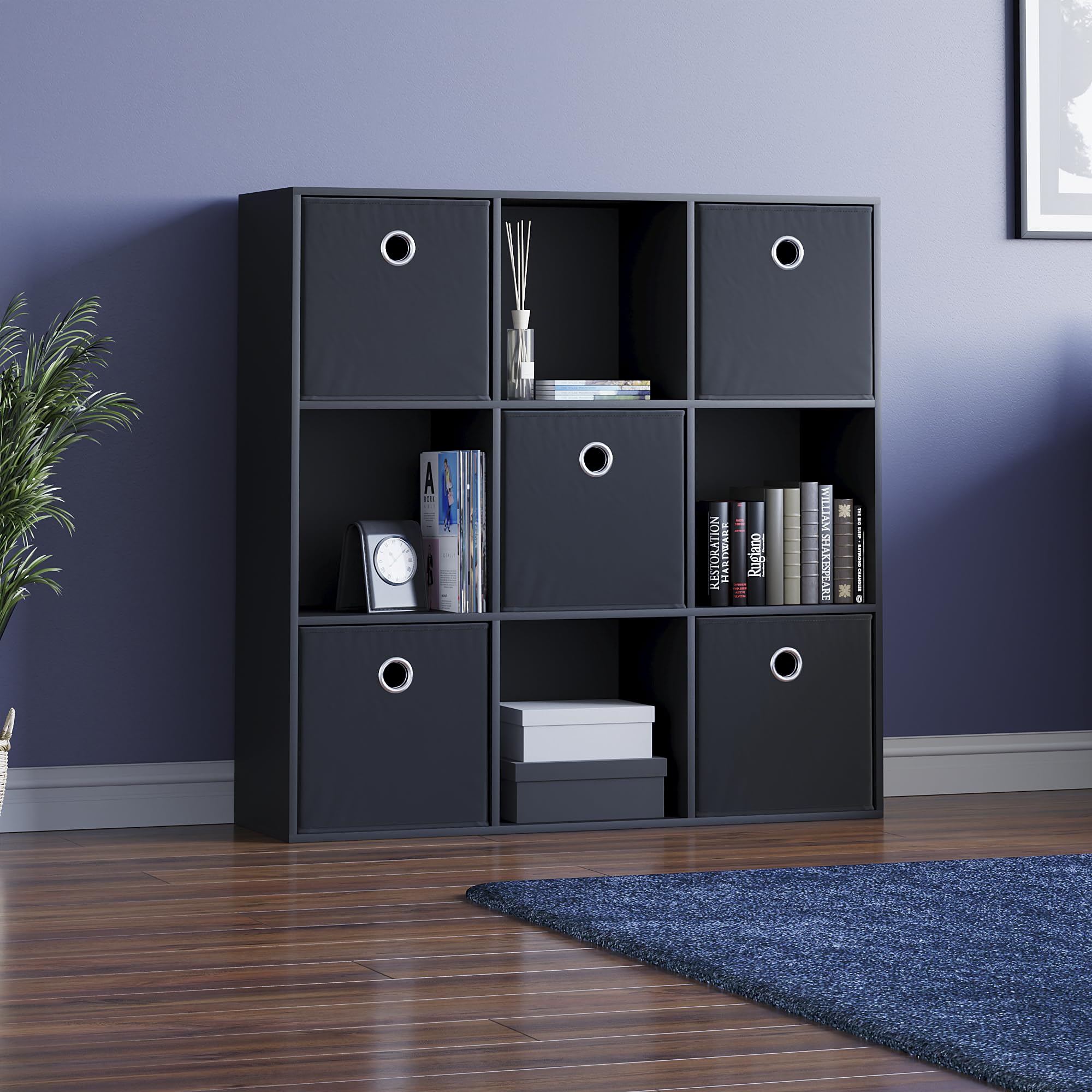 Vida DesignsDurham Cube Bookcase Storage Organiser Living Room Bookshelf Home Office Furniture (9 Cube & 5 Black Baskets, Black)
