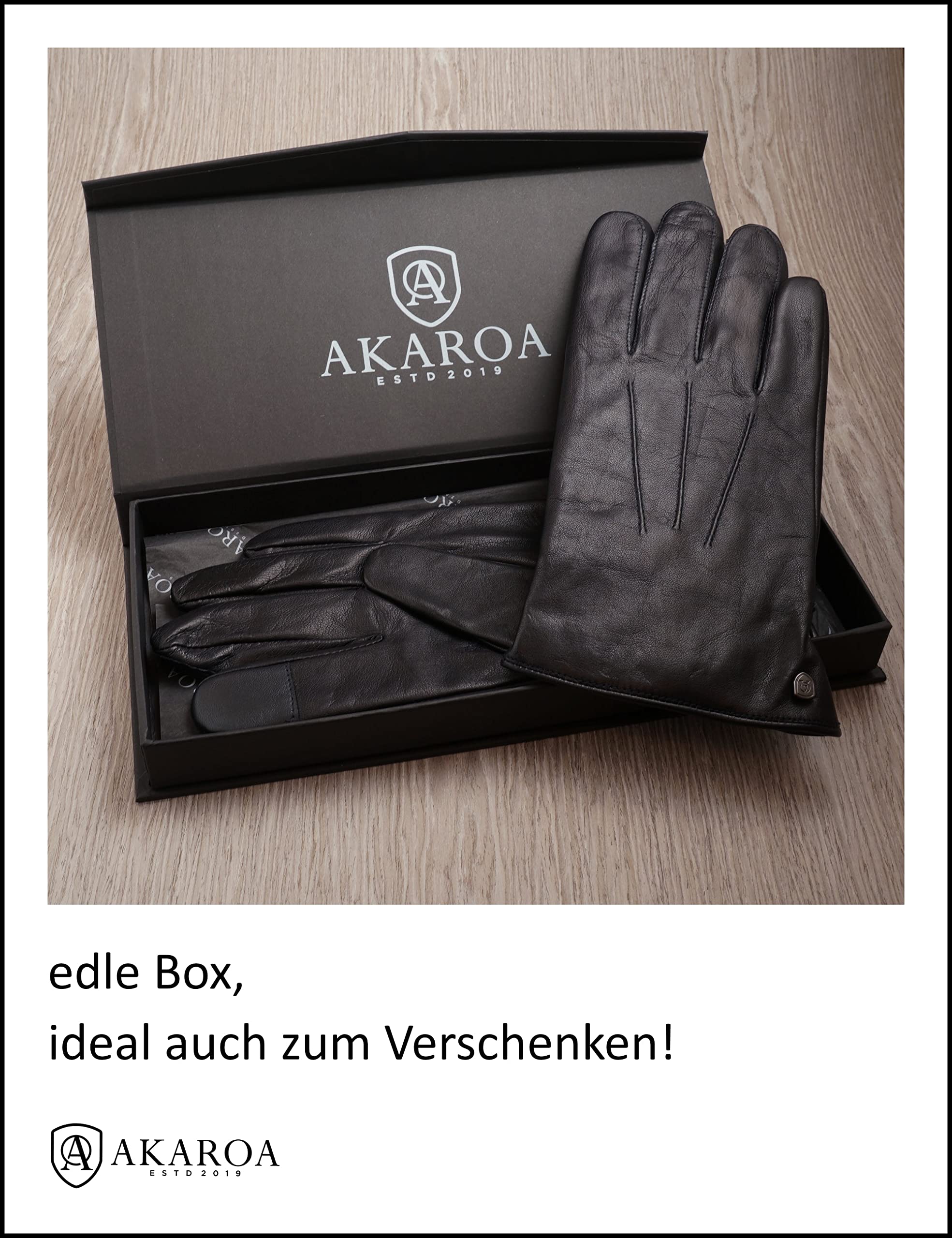 AKAROA ESTD 2019 Lederhandschuhe Herren MAX, Touchscreen Funktion, italienisches Leder, recyceltes Strickfutter aus 50% Kaschmir und 50% Wolle, 5 Größen S - XXL