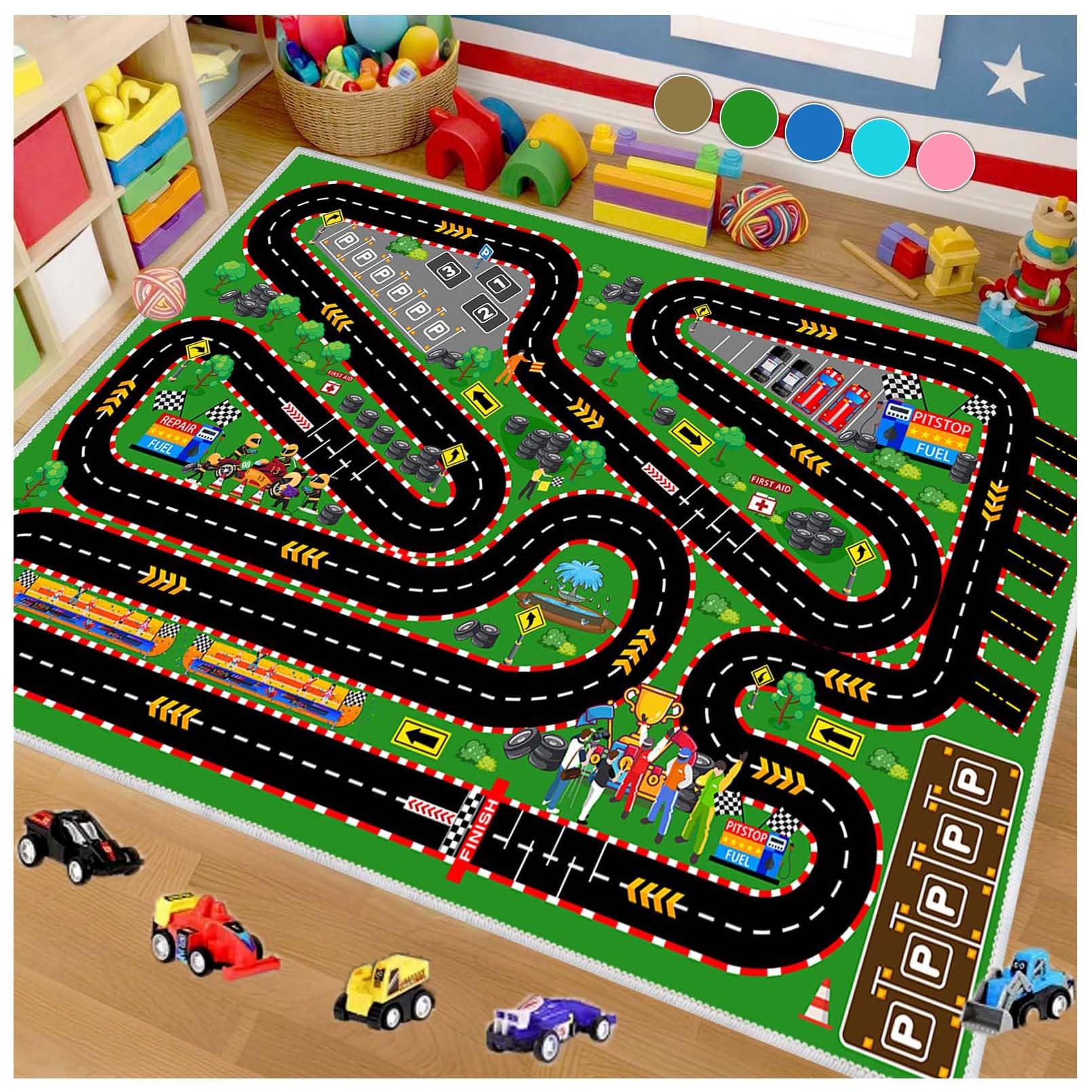YSYTLCL Kids Car Rug for Play Toy Cars, 31''x47'' Race Track Playmat Carpet Kid Play Road Rug for Playroom Classroom Kid Room,Karting Road Racing