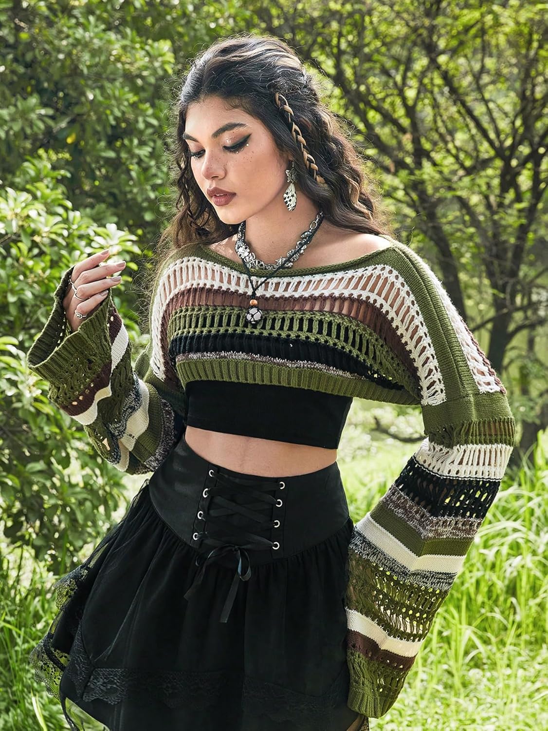 WDIRARA Women's Striped Crochet Shrug Boat Neck Crop Sweater Colorblock Drop Shoulder Pullovers Long Bell Sleeve Knit Tops - Image 3