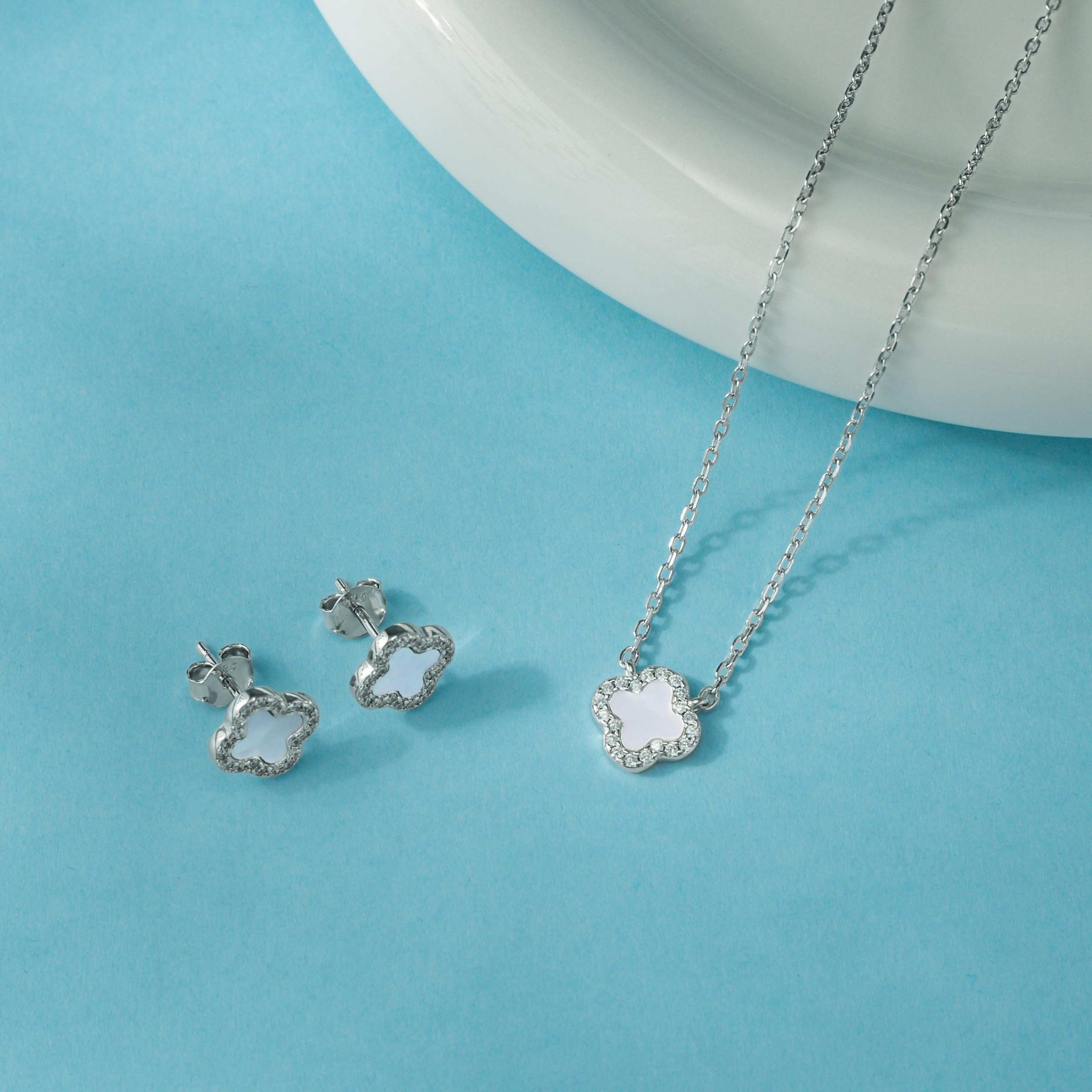 925 Silber Weißes Kleeblatt Ohrringe Halskette Set für Damen | Weißes Perlmutt Kleeblatt Set,925 Silber,Hypoallergen,Rhodiniert,Geschenk für Damen,Hochzeit,Weihnachten,Geburtstag