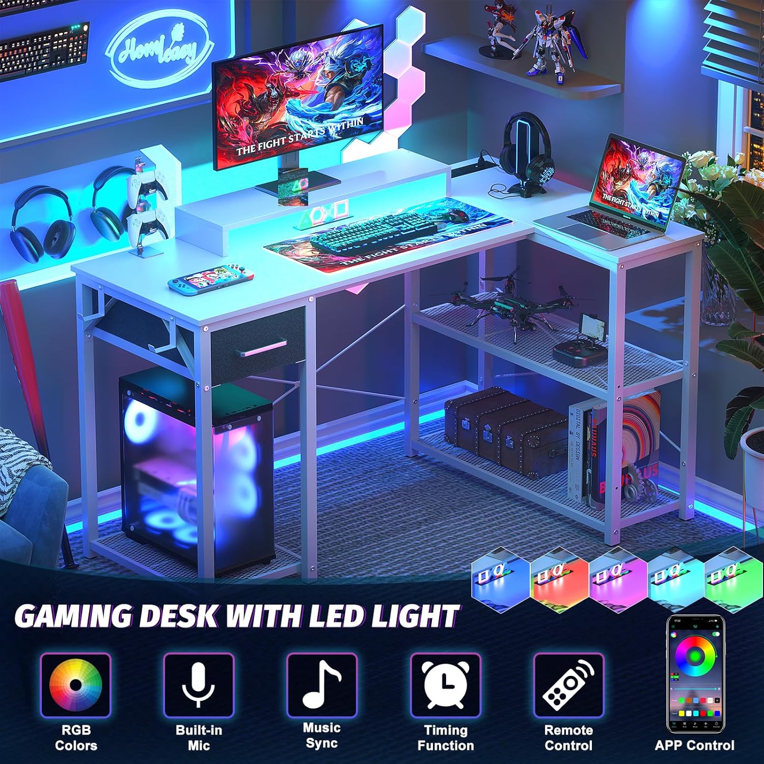 L-shaped gaming desk with LED lighting and various features