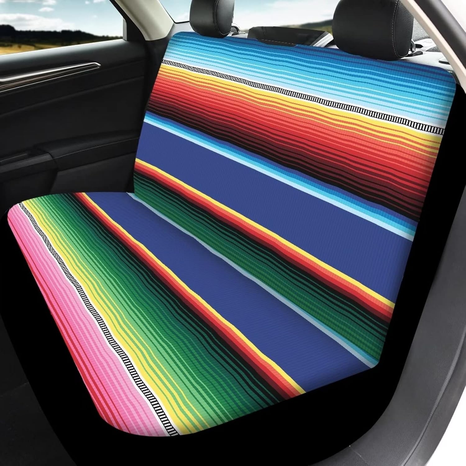 Premium Mexican Blanket Serape Stripe Pattern Colorful 12 Pcs Set Car Accessories Universal Fit Full Seat Cover+Steering Wheel Covers+Keychain+Lipstick Holder+Coaster Auto Interior Protector as curated from verified buyer selections