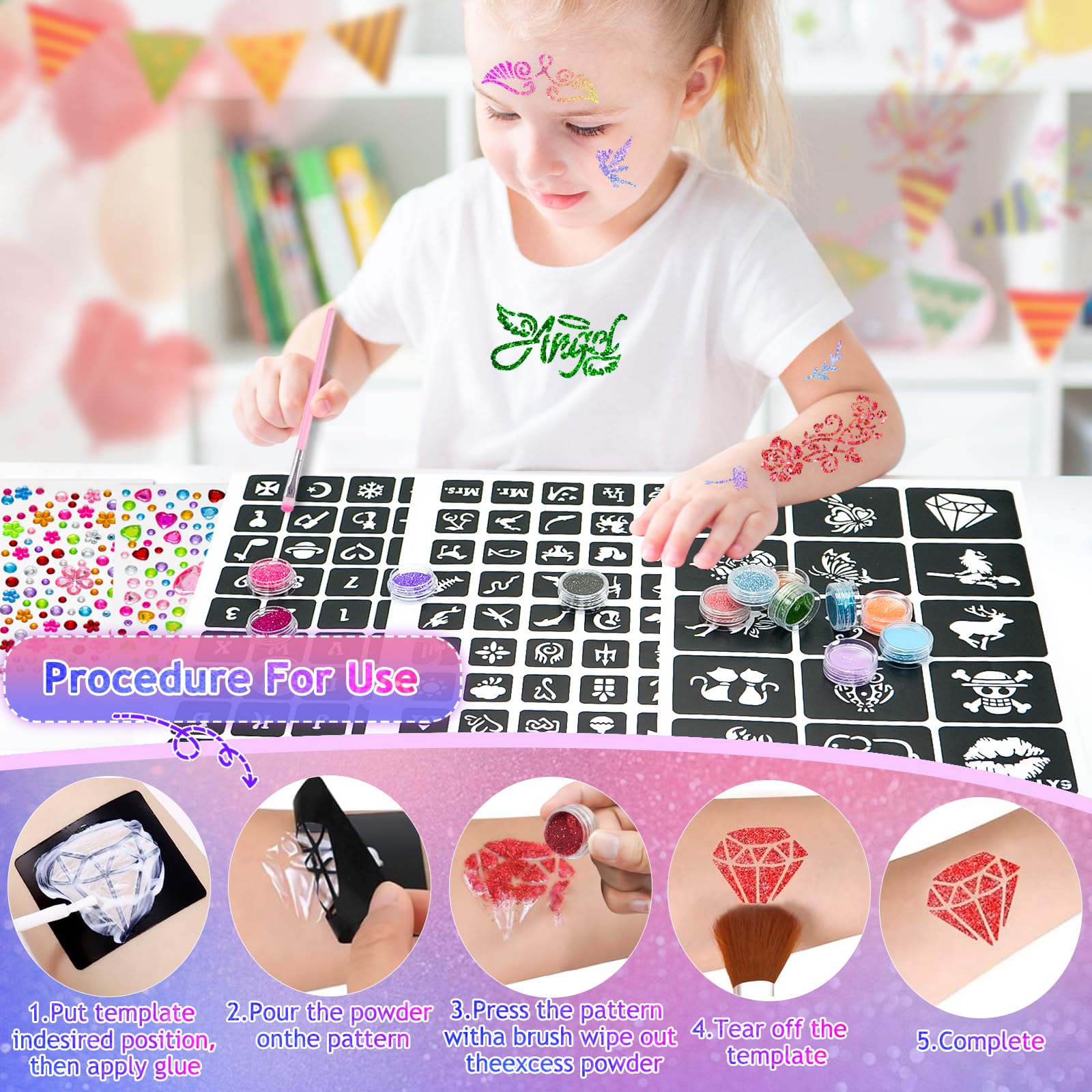 Glitzer Tattoo Set, 48 Farben Temporäre Glitzertattoo mit 204 Schablonen, 5 Pinsel, 3 Kleber und 218 Strasssteinen Wasserdichte Tattoos für Partys - 5