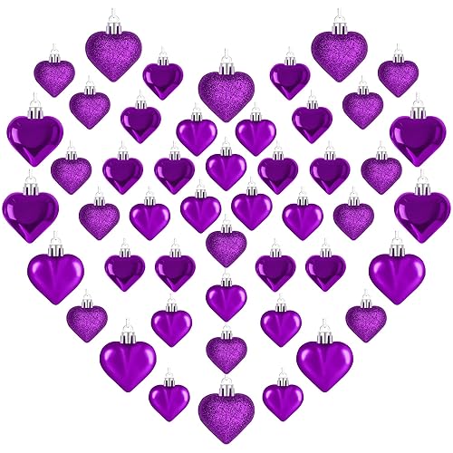 48PCS Purple Heart Shaped Ornaments, 2 Sizes Valentines Heart Hanging