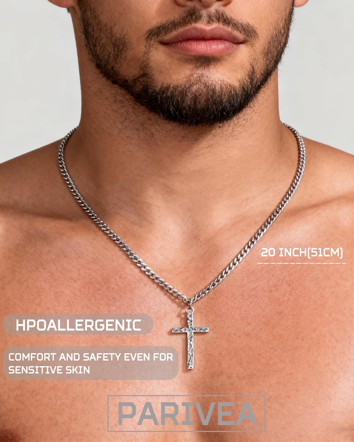 925 Sterling Silver Cross Necklace Men - Oxidized Hammered Cross Pendant with Stainless Steel Cuban Link Curb Chain Vintage Unique Crucifix Necklaces Silver Jewelry for Mens Women 16-30 Inches - Image 2